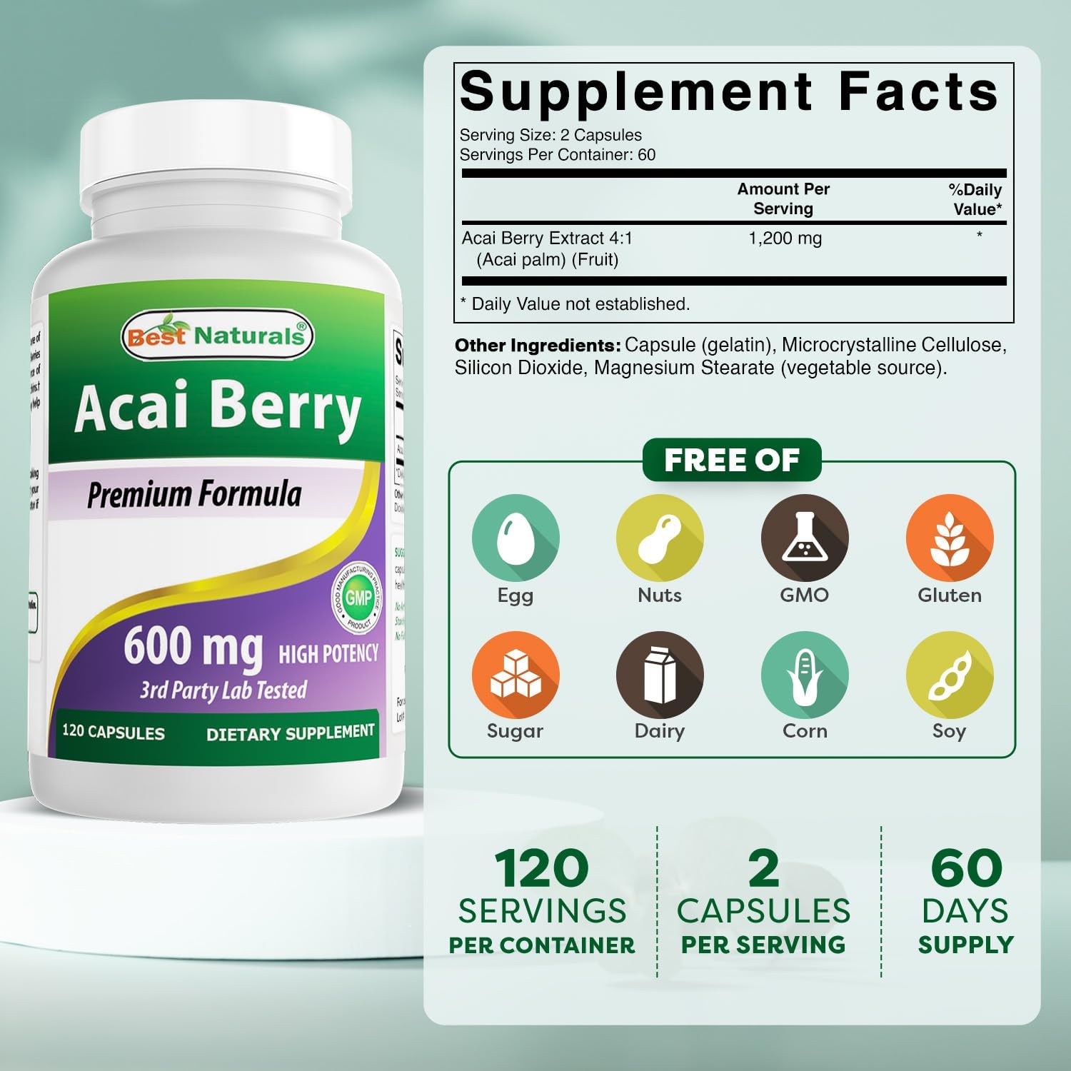 #1 Acai Berry 600mg per Serving by Best Naturals -- 100% Pure High Potency -- Supports Fat Metabolism -- Manufactured in a USA Based GMP Certified Facility and Third Party Tested for Purity. Guaranteed!! (120 Caps) - Image 2
