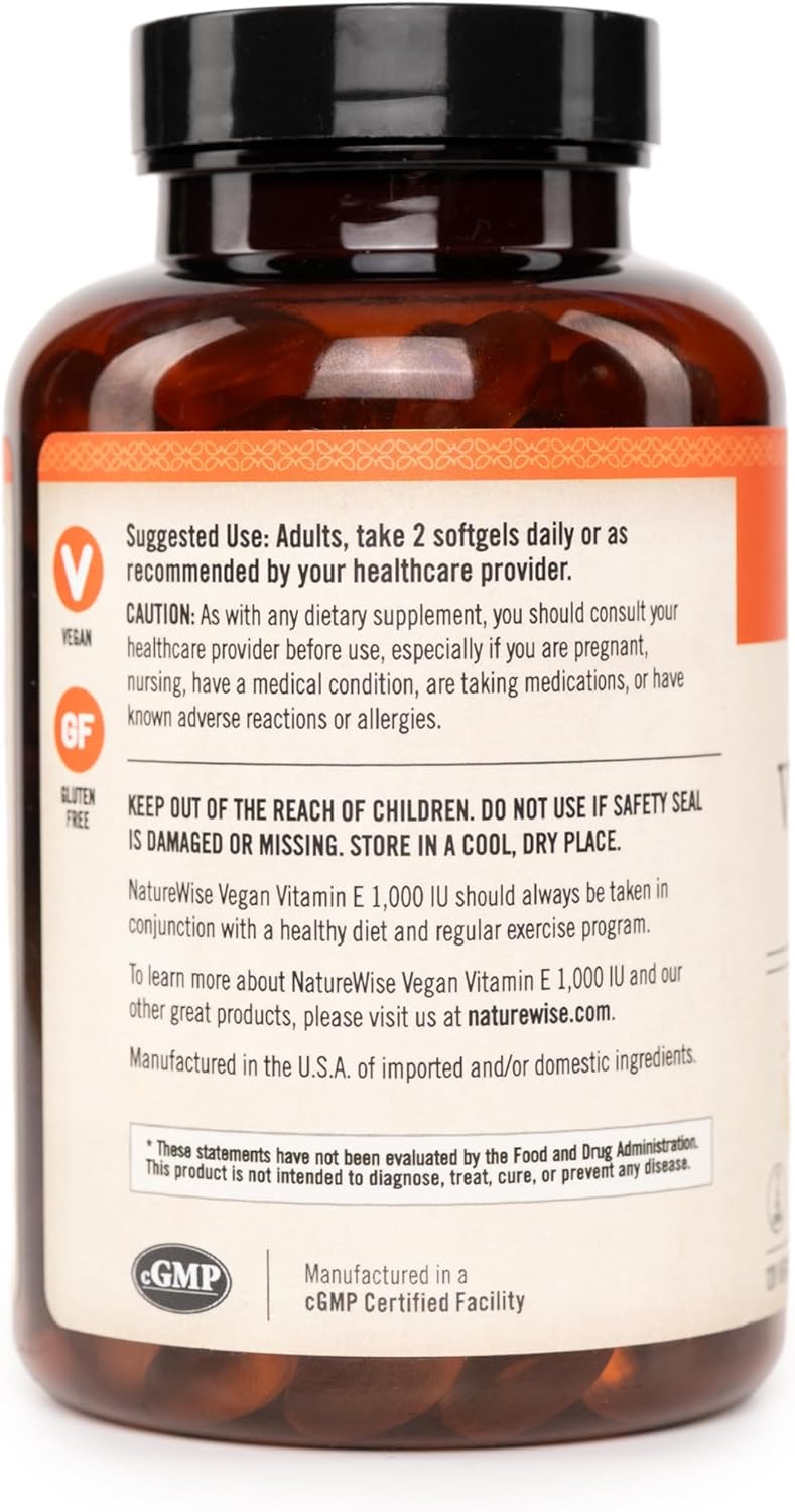 NatureWise Vitamin E 1000 IU Softgels (450mg dL-Alpha) - Vegan, Gluten-Free, Soy-Free, Non-GMO Antioxidant Dietary Supplement for Skin, Heart, Eye, and Immune Health Support - 60-Day Supply, 120 Count - Image 2