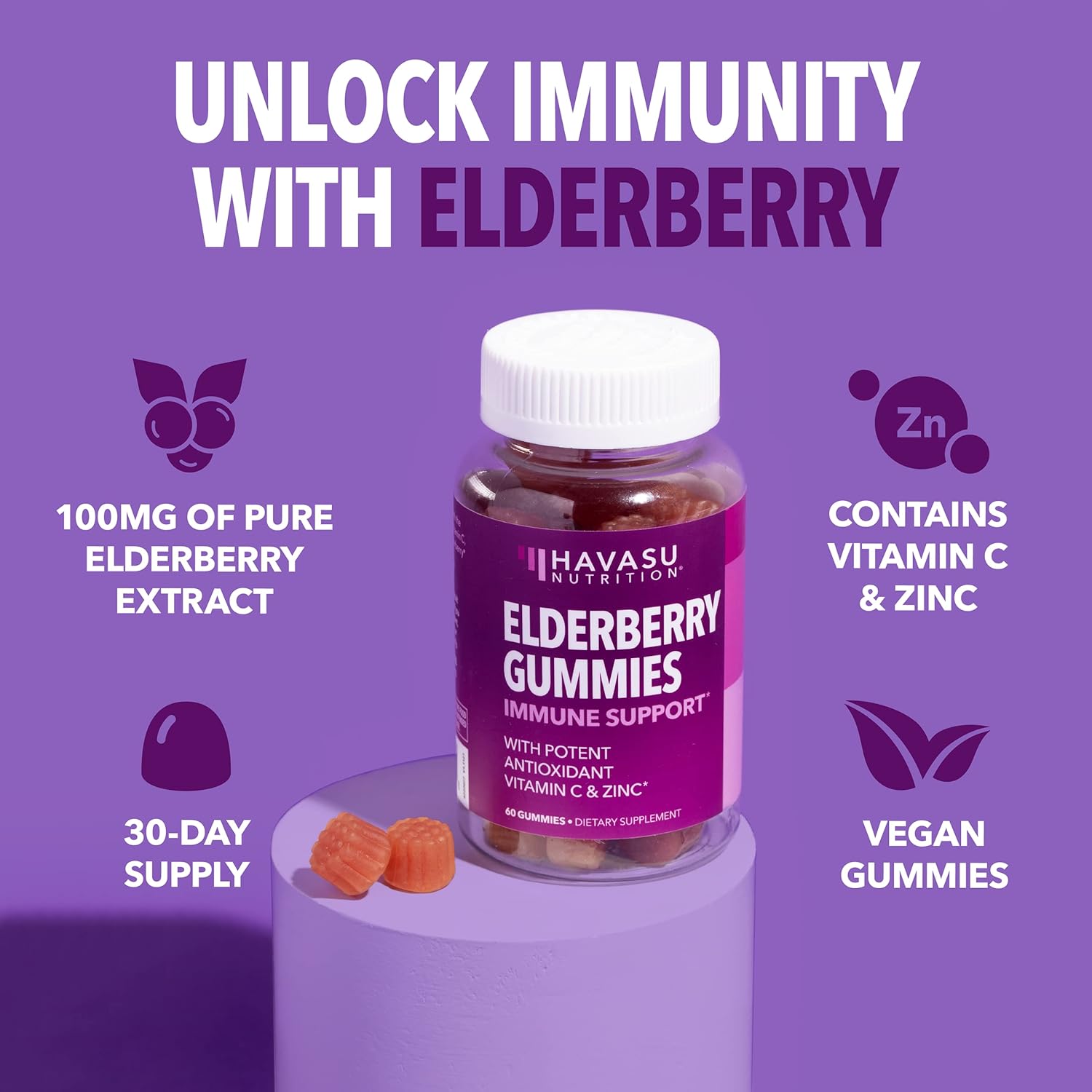 Sambucus Elderberry Gummies for Adults - Immune Support Supplement with Vitamin C and Zinc - Enhanced Formula for Daily Defense - 60 Count, 1 Month Supply, Berry Flavor - Convenient Wellness - Image 4