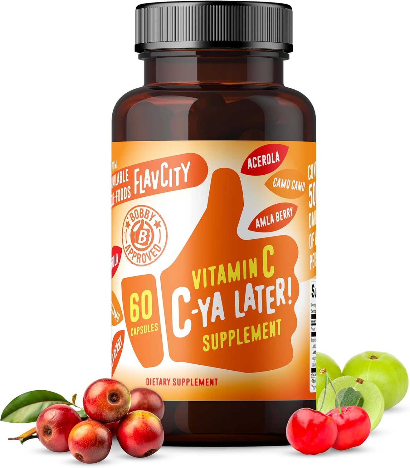 FlavCity Vitamin C Supplement, C-Ya Later! Superfood-Derived Immunity Support - Bioavailable Vitamin C Immune Support from Acerola Cherry, Rose Hips & Camu Camu - 500% Daily Value (60 Capsules)