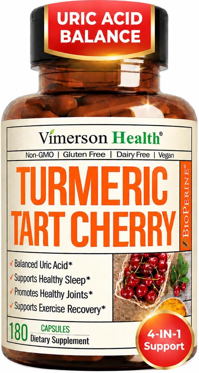 Tart Cherry Capsules – 4-in-1 Turmeric Tart Cherry Supplement for Uric Acid Balance & Joint Health – 10:1 Tart Cherry Extract Capsules with Celery Seed, Turmeric Curcumin & Black Pepper –180 Count