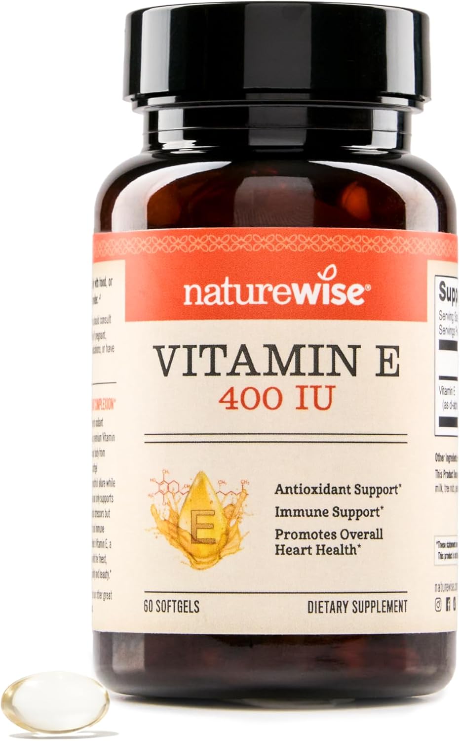 NatureWise Vitamin E 400 IU Softgels (180mg DL-Alpha) - Dairy, Gluten, and Soy Free, Antioxidant Dietary Supplement for Skin, Heart, Eye, and Immune Health Support - 2-Month Supply, 60 Count