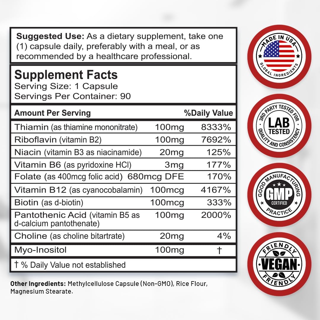 Divine Bounty Super B Complex Vitamins - All B Vitamins Including B12, B1, B2, B3, B5, B6, B7, B9, Folic Acid - Vitamin B Supplement - Support Healthy Energy Metabolism - 90 Vegetarian Capsules - Image 2