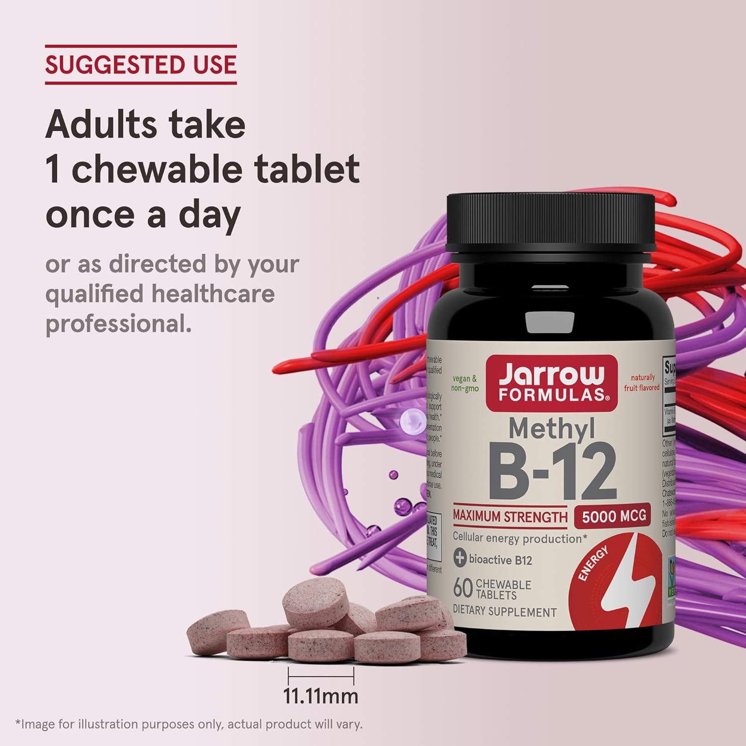 Jarrow Formulas Methyl Vitamin B12 5000 mcg - 60 Chewable Tablets, Naturally Fruit Flavored- Bioactive B12 Vitamin - Supports Cellular Energy Production, Brain Health & Metabolism - 60 Servings - Image 6