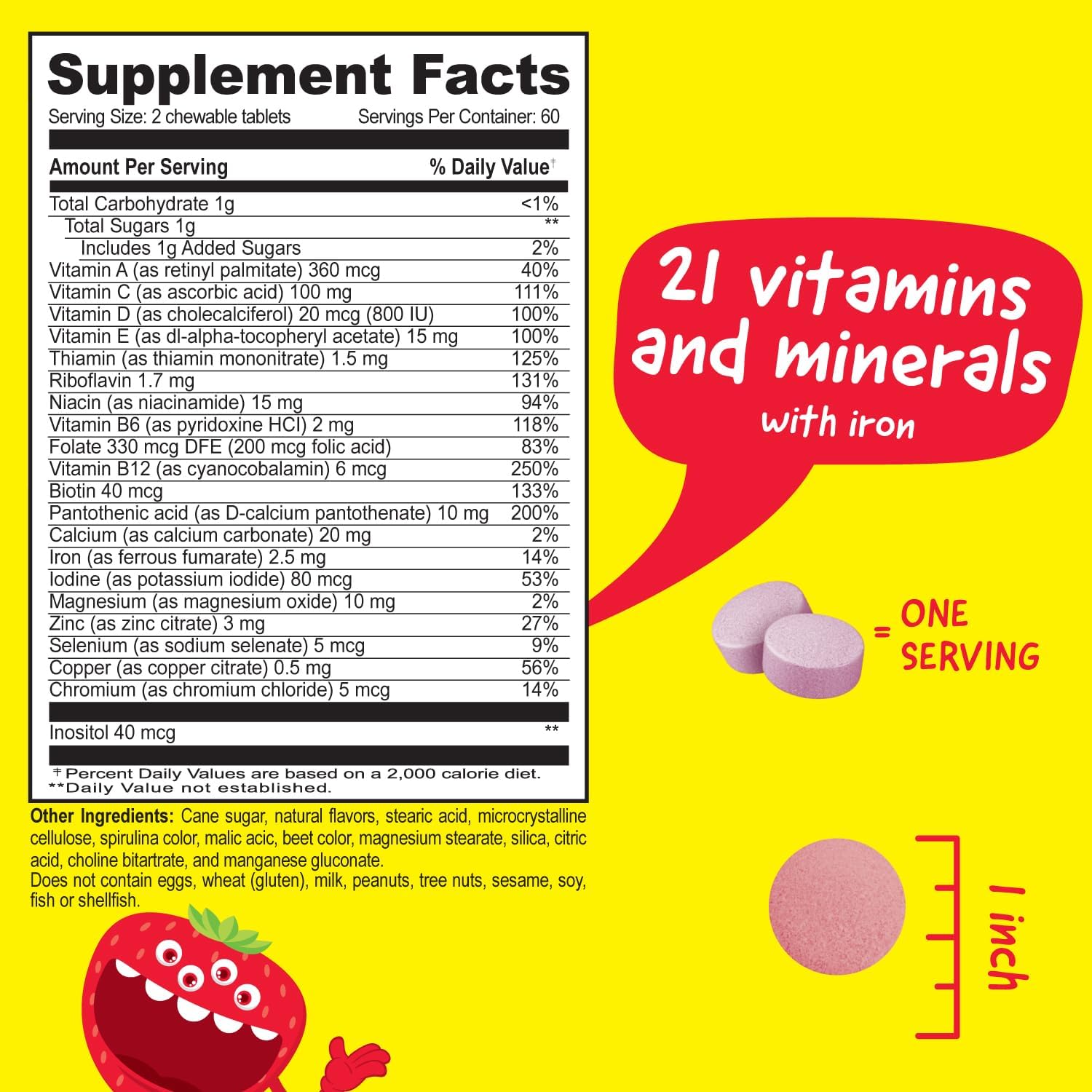 Kids Multivitamin with Iron & Minerals Chewable Tablets - Mixed Fruit Flavor - Vegetarian, GMO-Free, Nut Free - Dietary Supplement - Digestive Support for Children - 120 Chewables - Image 2