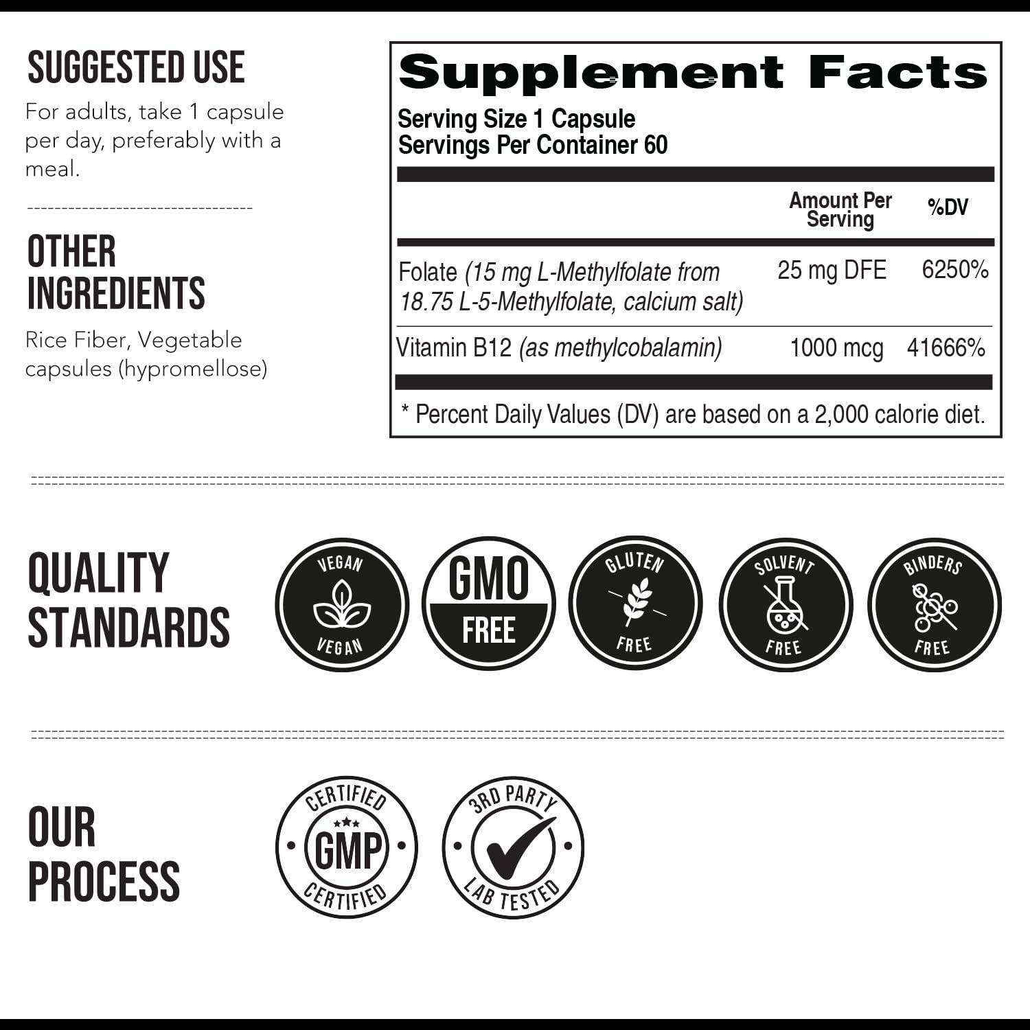 L Methyl Folate 15mg Plus Methyl B12 Cofactor – High Potency, Active 5-MTHF Form - Supports Mood, Methylation, Cognition – Bioactive Forms of Vitamin B9 & B12 (60 Capsules – 60 Servings) - Image 6