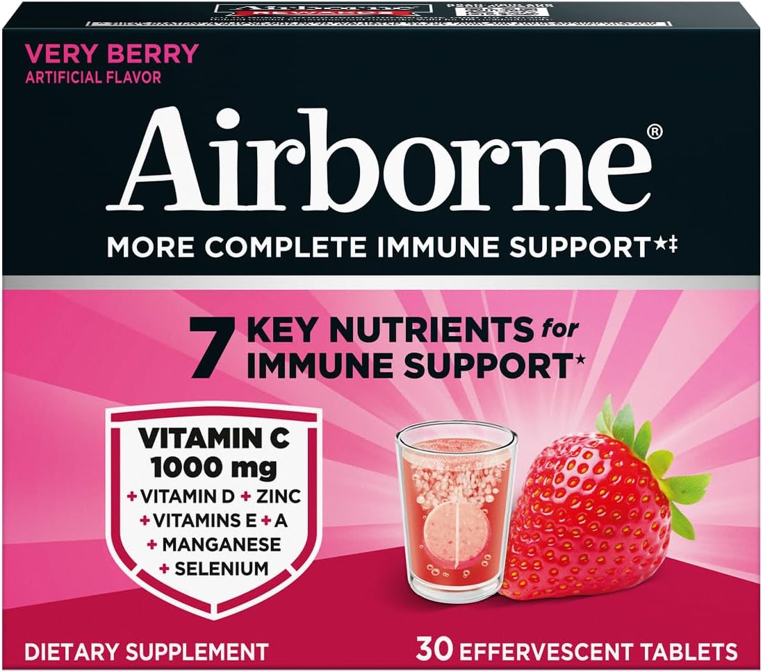 Airborne Immune Support Effervescent Tablets, Very Berry Flavor - 30ct with 1000mg Vitamin C + Vitamins A, D, E, Zinc, Selenium, Manganese & Herbal Blend - Sugar‑Free, Gluten‑Free - Image 11