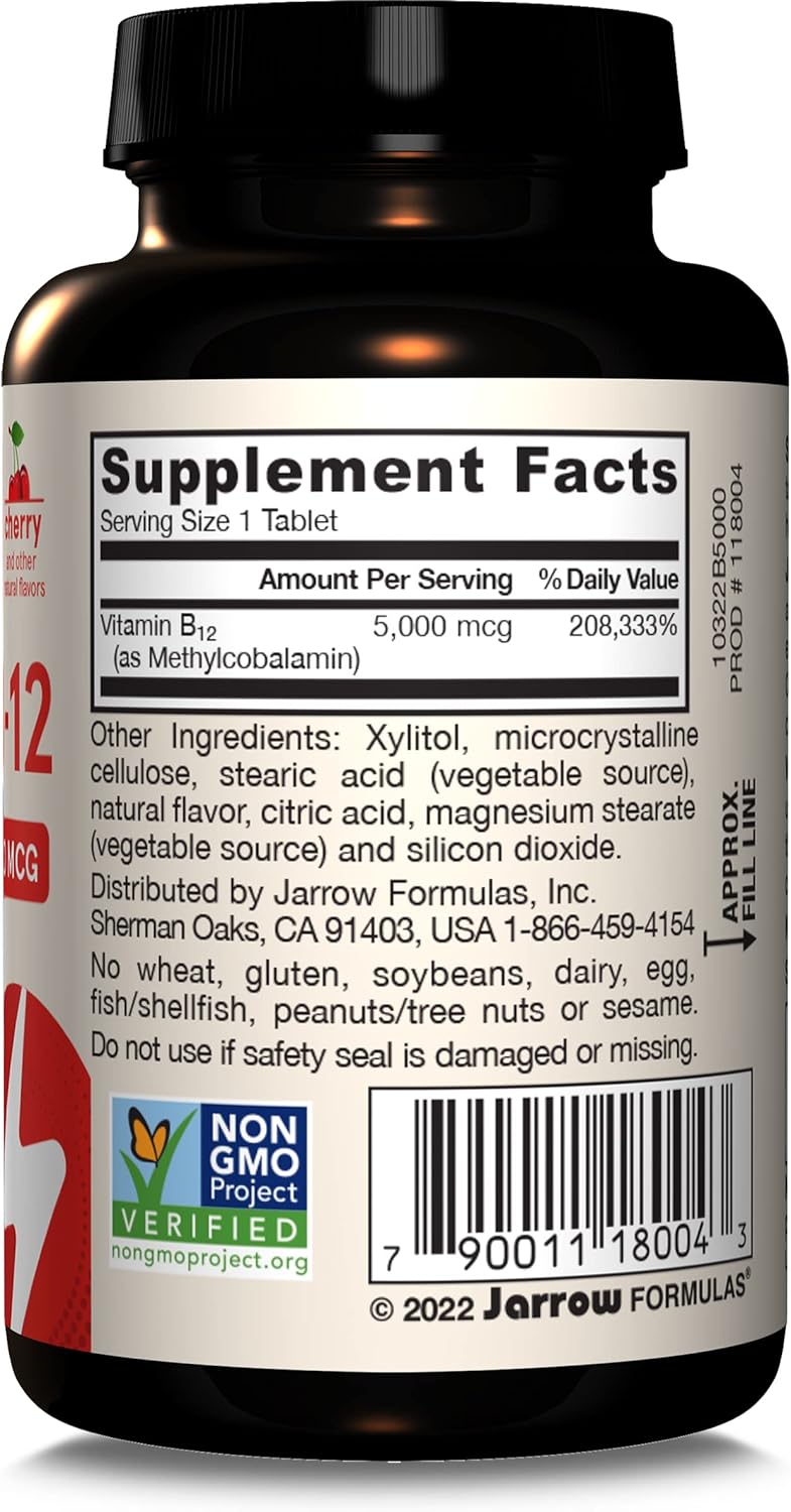 Jarrow Formulas Methyl Vitamin B12 5000 mcg - 60 Chewable Tablets, Naturally Fruit Flavored- Bioactive B12 Vitamin - Supports Cellular Energy Production, Brain Health & Metabolism - 60 Servings - Image 8