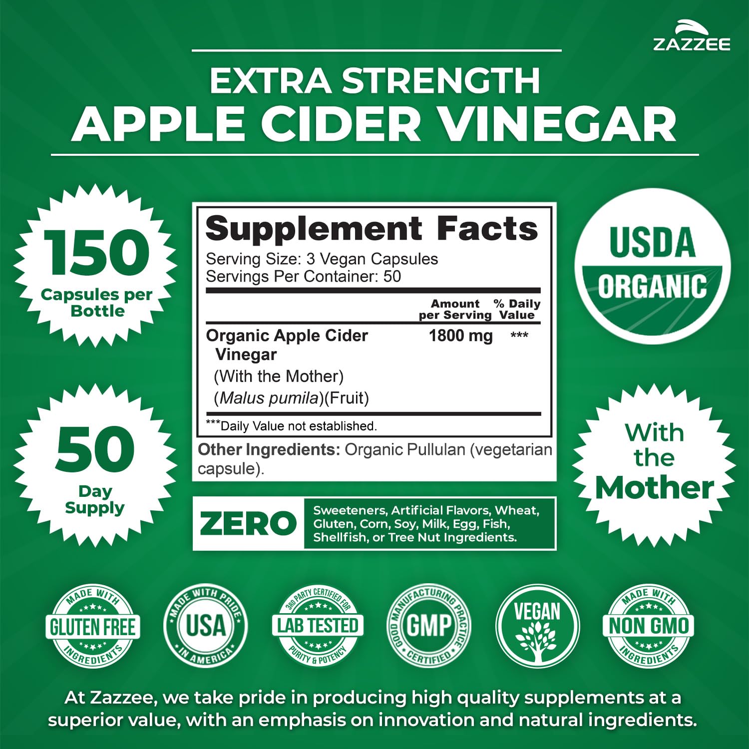 Zazzee USDA Organic Apple Cider Vinegar, With the Mother, 1800 mg per Serving, 150 Vegan Capsules, 50 Day Supply, Fermented ACV, Digestive Support Formula, All-Natural, Non-GMO, Made in the USA - Image 2