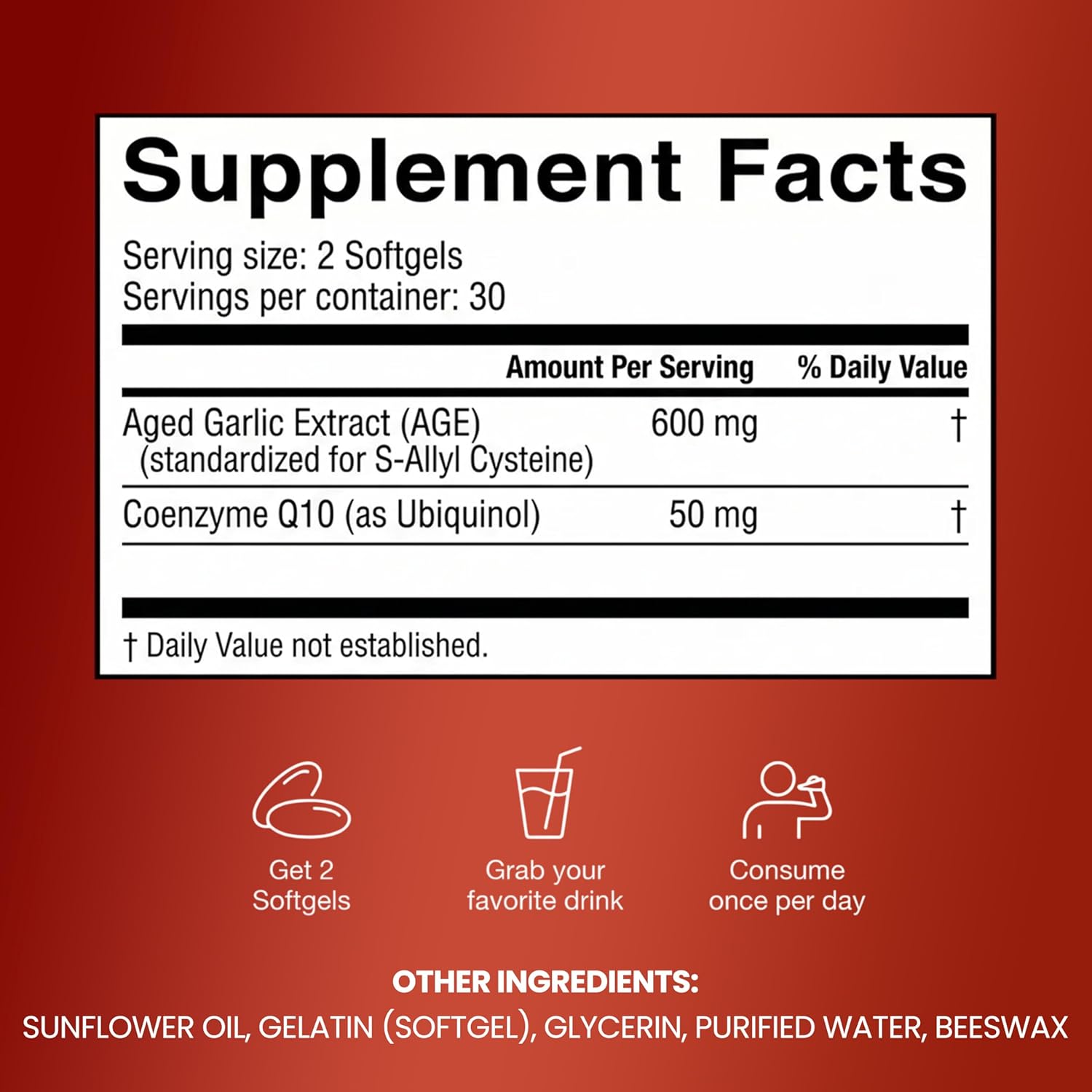 Resilia Garlic Extract 600mg Softgels (60 Count) – Odorless Aged Garlic Extract Supplement with CoQ10 Ubiquinol – 20-Month Matured, Standardized for S-Allyl Cysteine - Heart Health & Immune Support - Image 3