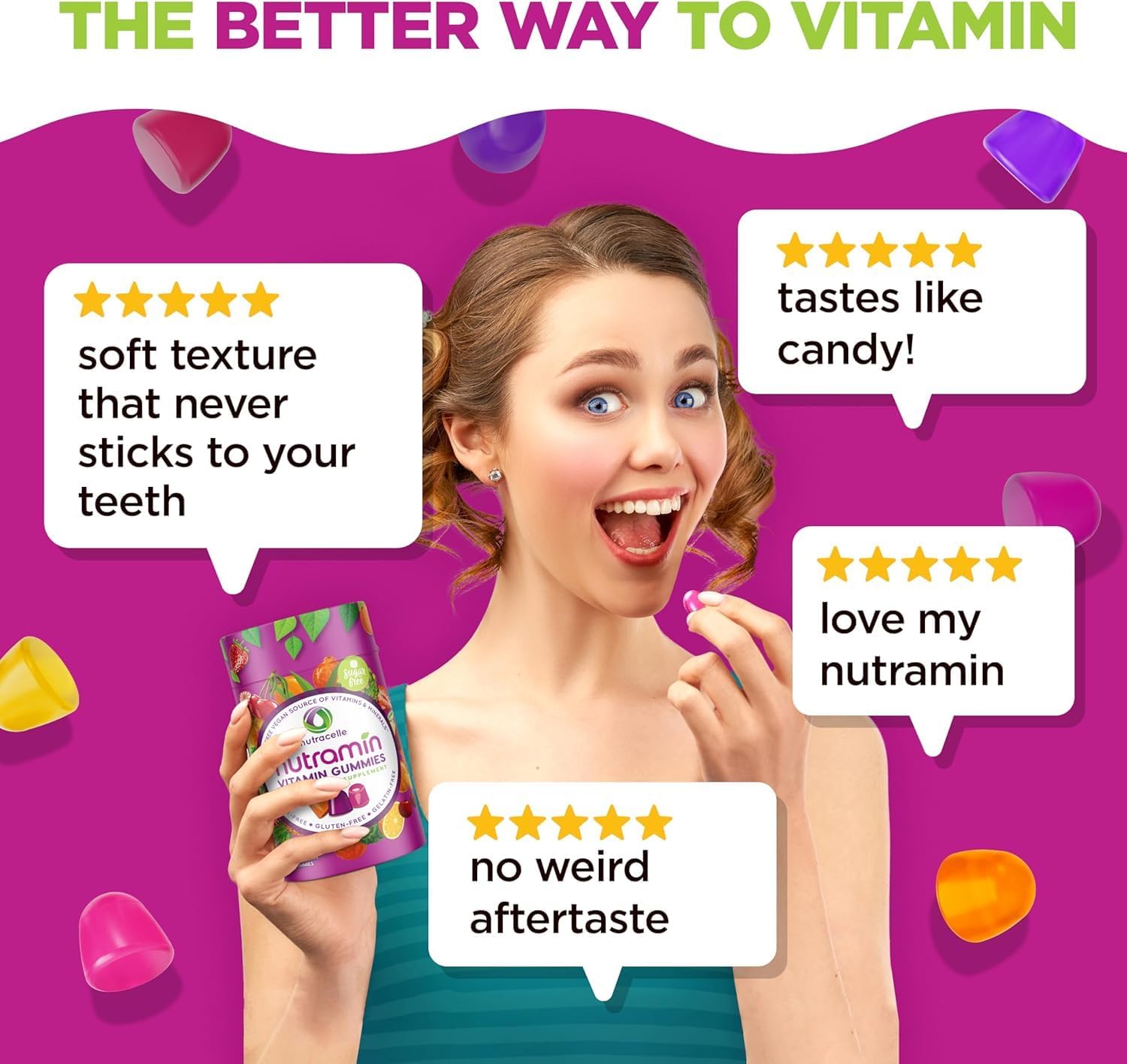NUTRAMIN Daily Vegan Keto Multivitamin Gummies Non-GMO Natural Vitamin C D + Zinc for Immunity, Plant-Based, Sugar-Free, Nut-Free, Gluten-Free, Biotin, Vitamin A, B, B6, B12 60 Ct, 30 Days (60 Count) - Image 7
