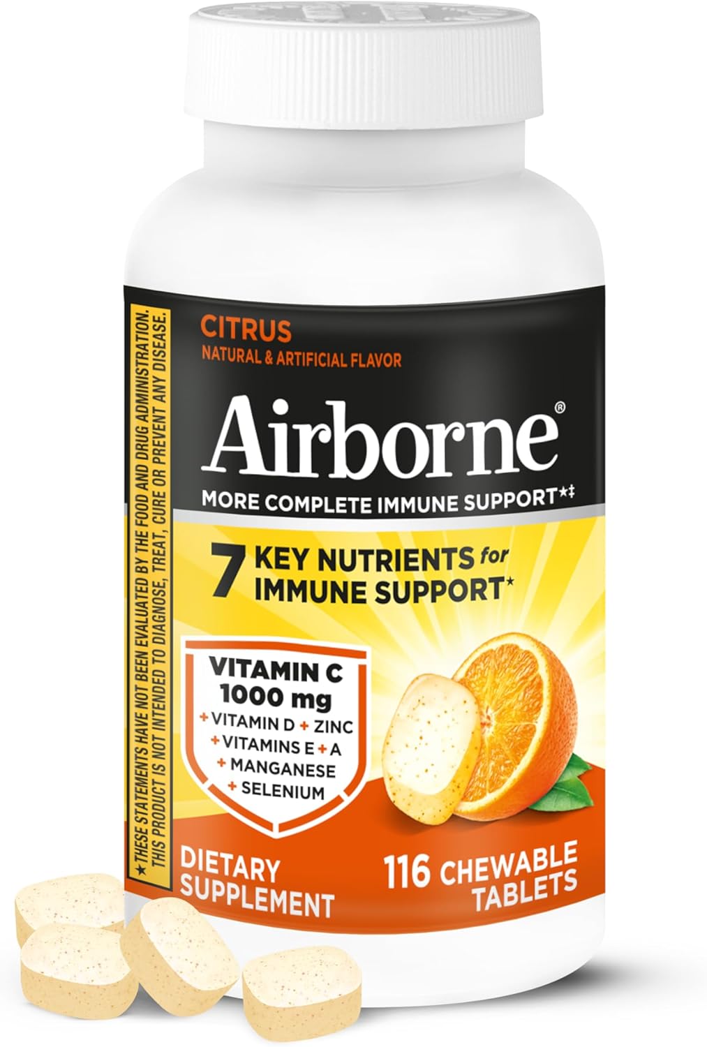 Airborne Citrus Chewable Tablets, 116ct | Immune Support Supplement with 1000mg Vitamin C + Vitamins A, D, E, Zinc,Selenium, & Manganese | Herbal Blend | Gluten Free