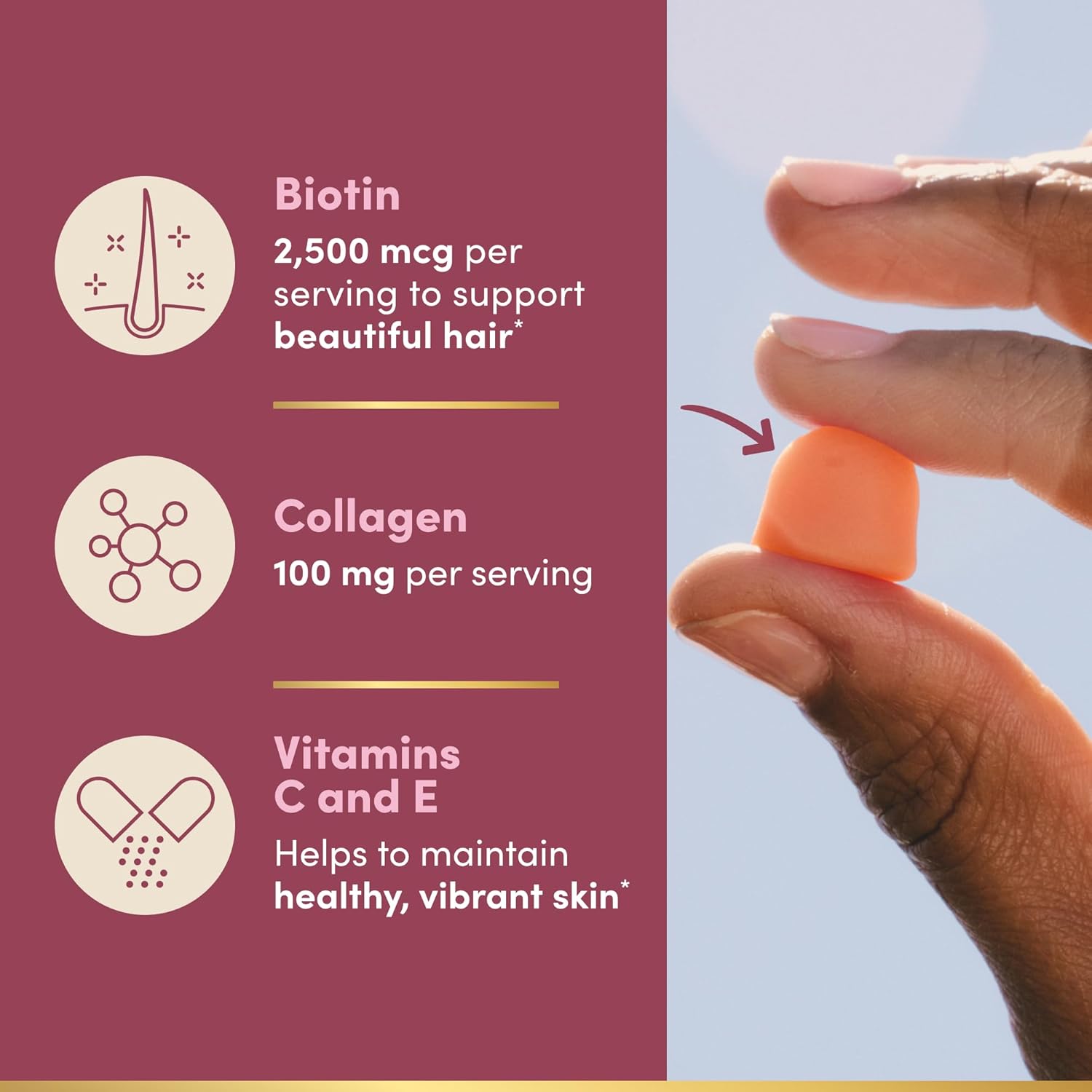 Nature's Bounty Optimal Solutions Hair, Skin and Nails Collagen Pectin Gummies, 100 mg Collagen and 2,500 mcg Biotin Per Serving, No Stick Gummy, Tropical Citrus Flavor, 200 ct, 100 Total Servings - Image 4