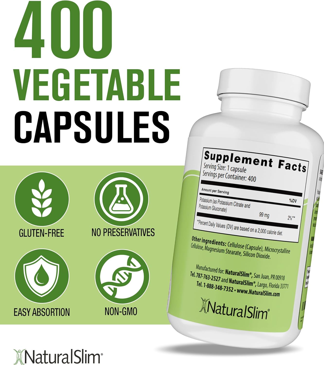 NaturalSlim Natural Potassium Citrate Gluconate 99 mg - Kadsorb Supports Electrolyte Balance & Normal pH - Absorbable Potassium Supplements with Essential Minerals - Non GMO 400 Capsules 1 Pack - Image 3