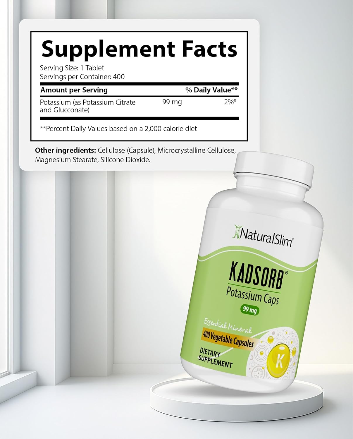 NaturalSlim Natural Potassium Citrate Gluconate 99 mg - Kadsorb Supports Electrolyte Balance & Normal pH - Absorbable Potassium Supplements with Essential Minerals - Non GMO 400 Capsules 1 Pack - Image 2