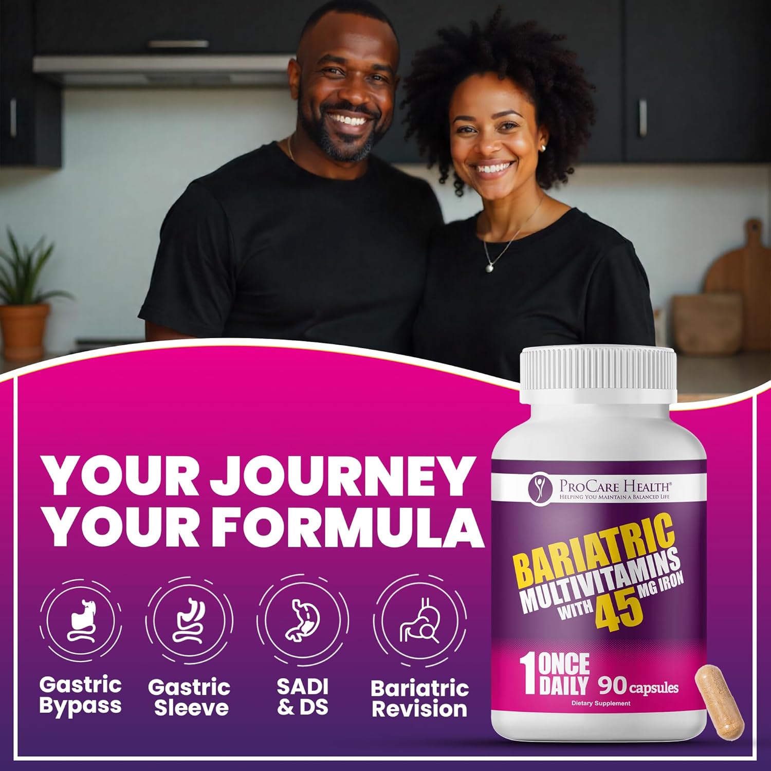 ProCare Health Bariatric Multivitamin 45mg Iron – Once Daily Capsule for Gastric Bypass, Sleeve & Post-Op Support – 90 Easy-to-Swallow Capsules, 3-Month Supply, No Artificial Colors, Gluten-Free - Image 4