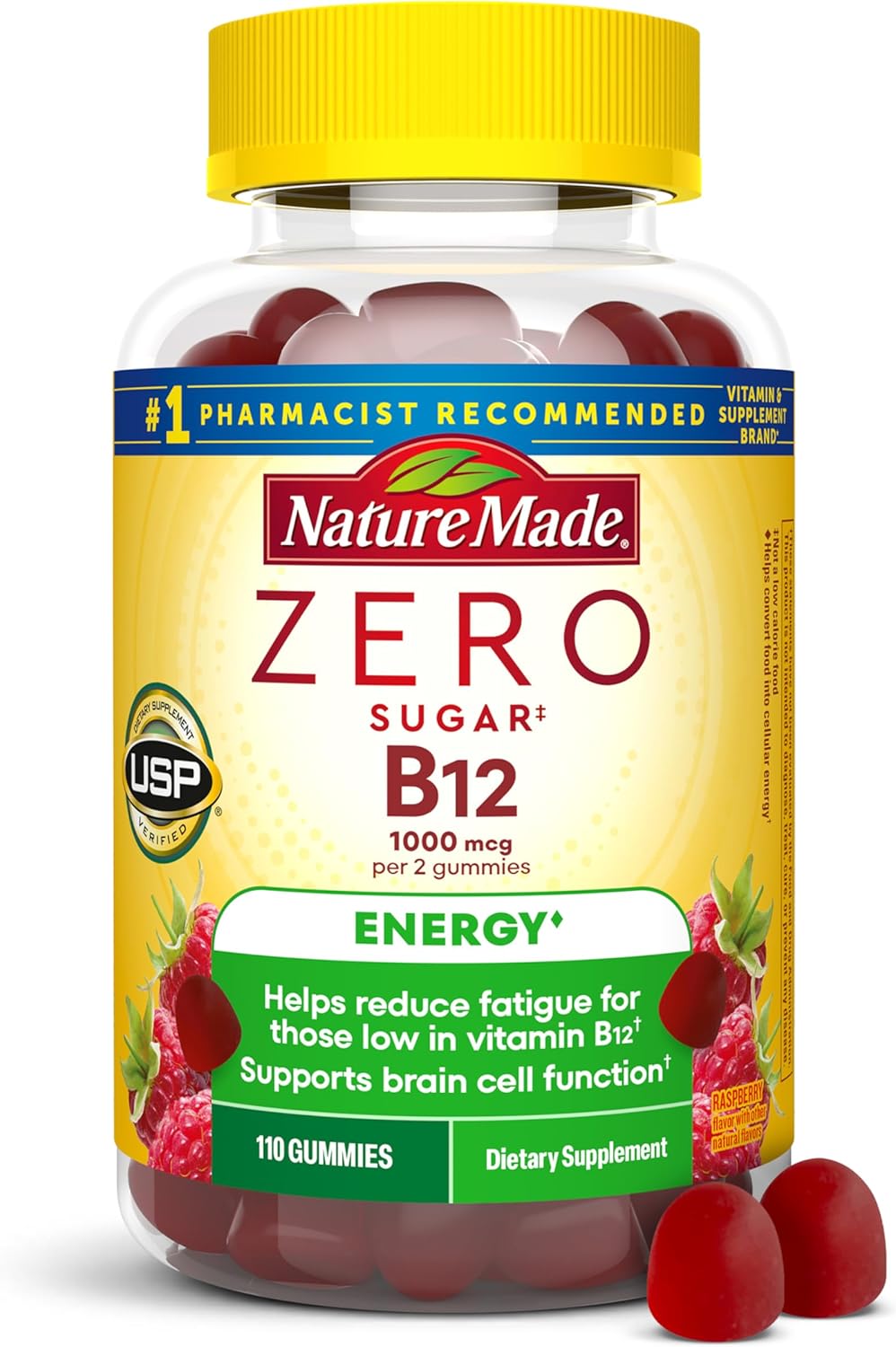 Nature Made Zero Sugar Energy Vitamin B12 Gummies 1000 mcg per Serving, B12 Vitamin, Energy Metabolism Support, Aspartame Free, 110 Sugar Free Gummies, 55 Day Supply