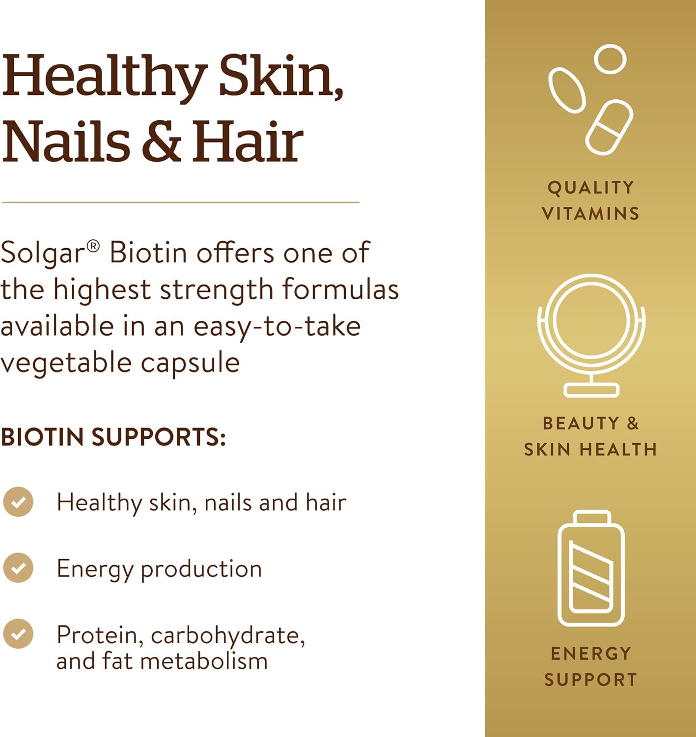 Solgar Biotin 10000 mcg Vegetable Capsules Energy Metabolism Promotes Healthy Skin Nails Hair Super High Potency NonGMO Vegan Gluten Free Dairy Free Kosher Servings, Standard Packaging, Unflavored, 120 Count - Image 4