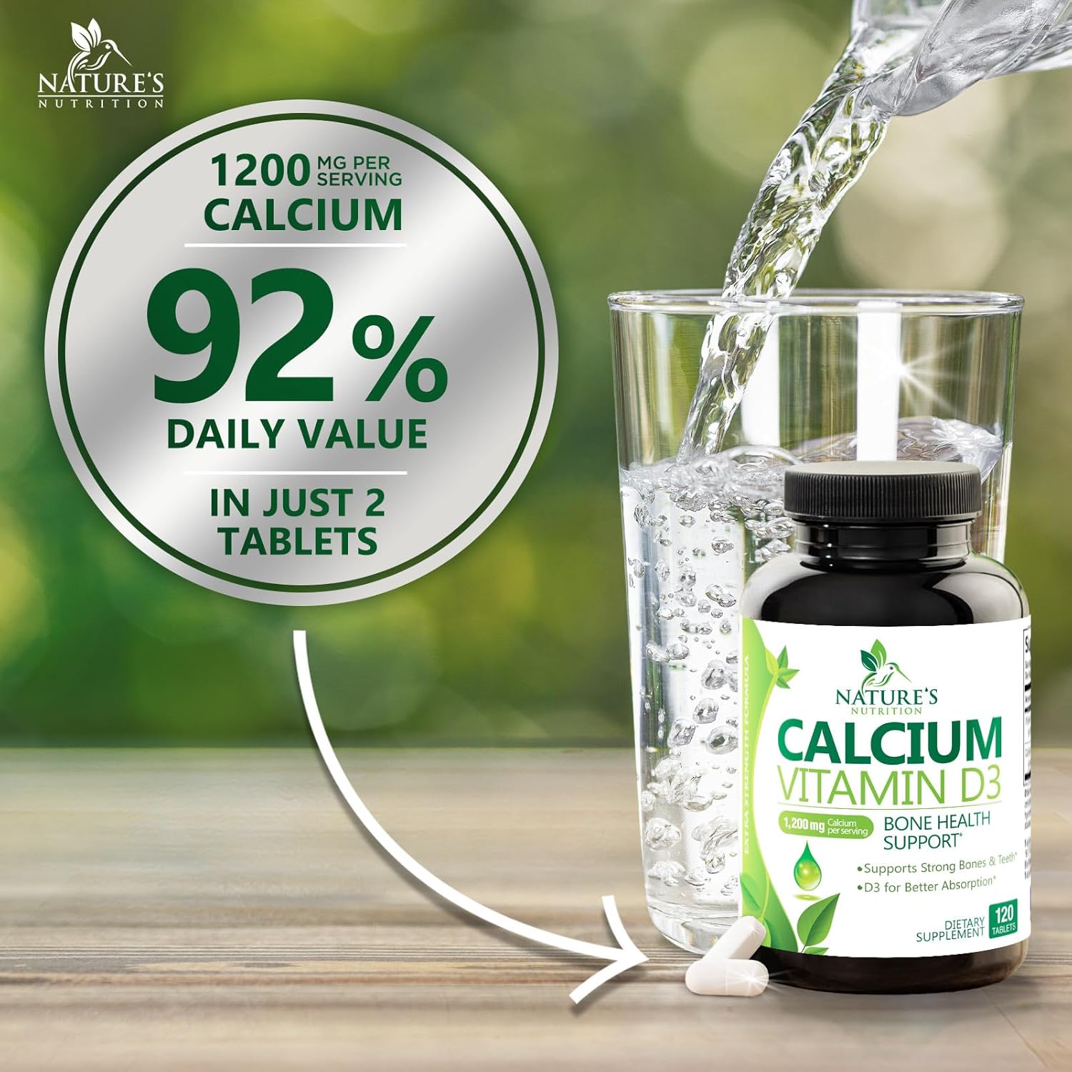 Calcium Supplement with Vitamin D3-1200 mg Calcium per Serving with D3 for Best Absorption - Supports Immune Health, Bones & Teeth - Nature's Calcium is Bottled in USA for Women & Men - 120 Tablets - Image 5