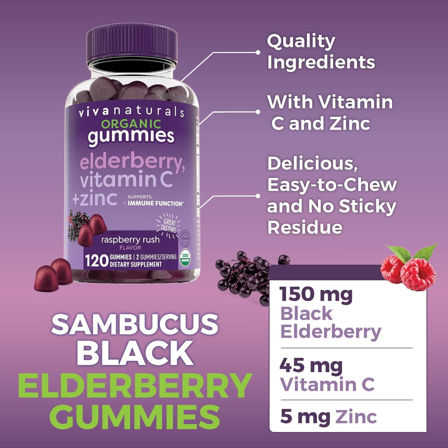 Elderberry Vitamin C and Zinc Immune Support Gummies , Made of 150mg Black Elderberry Per Serving for Adults, Sambucus Elderberry Gummies with Raspberry Rush Flavor, USDA Organic, Non-GMO, (120 Count) - Image 3