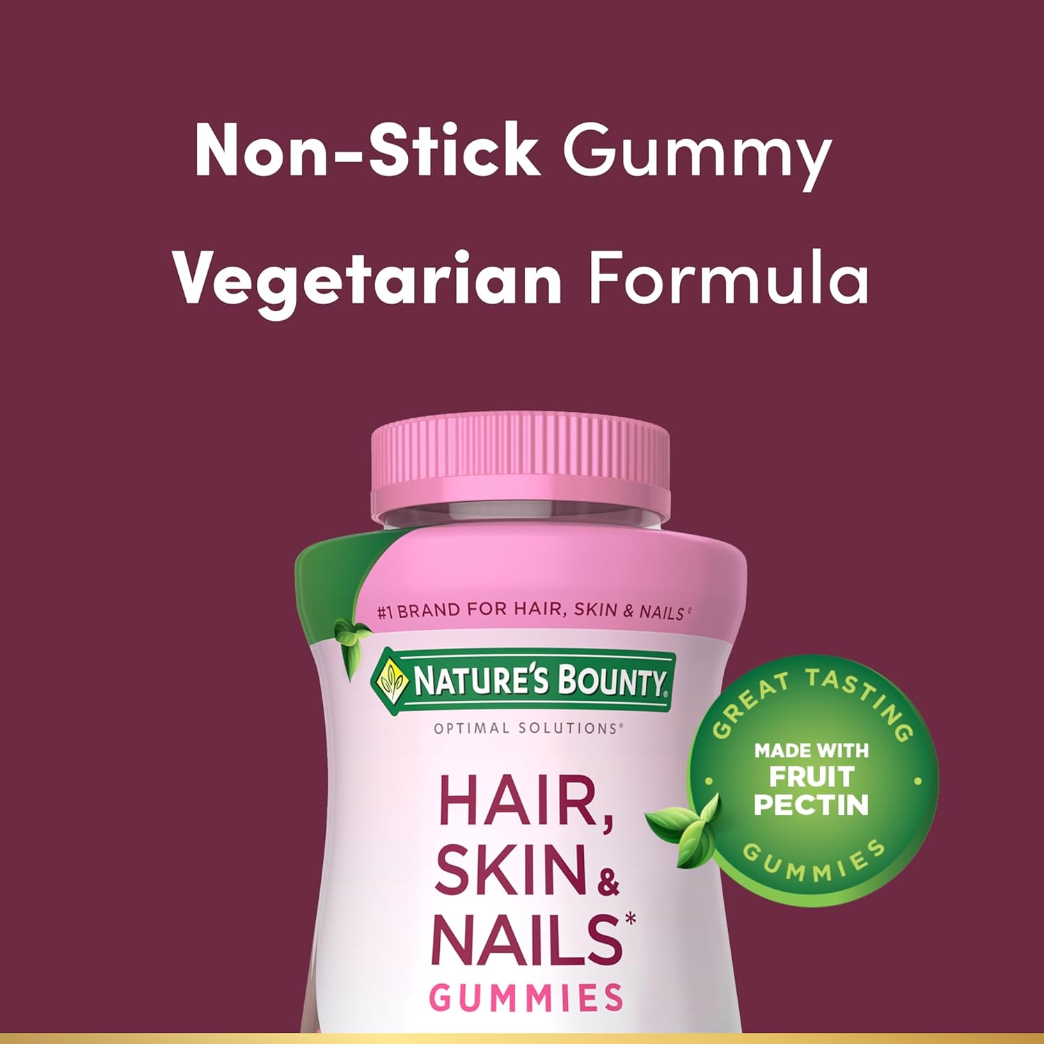 Nature's Bounty Optimal Solutions Hair, Skin and Nails Pectin Gummies, 2500 mcg Biotin Per Serving, No Stick Gummy, Vegetarian Formula, Strawberry Flavor, 200 count, 100 Total Servings - Image 3