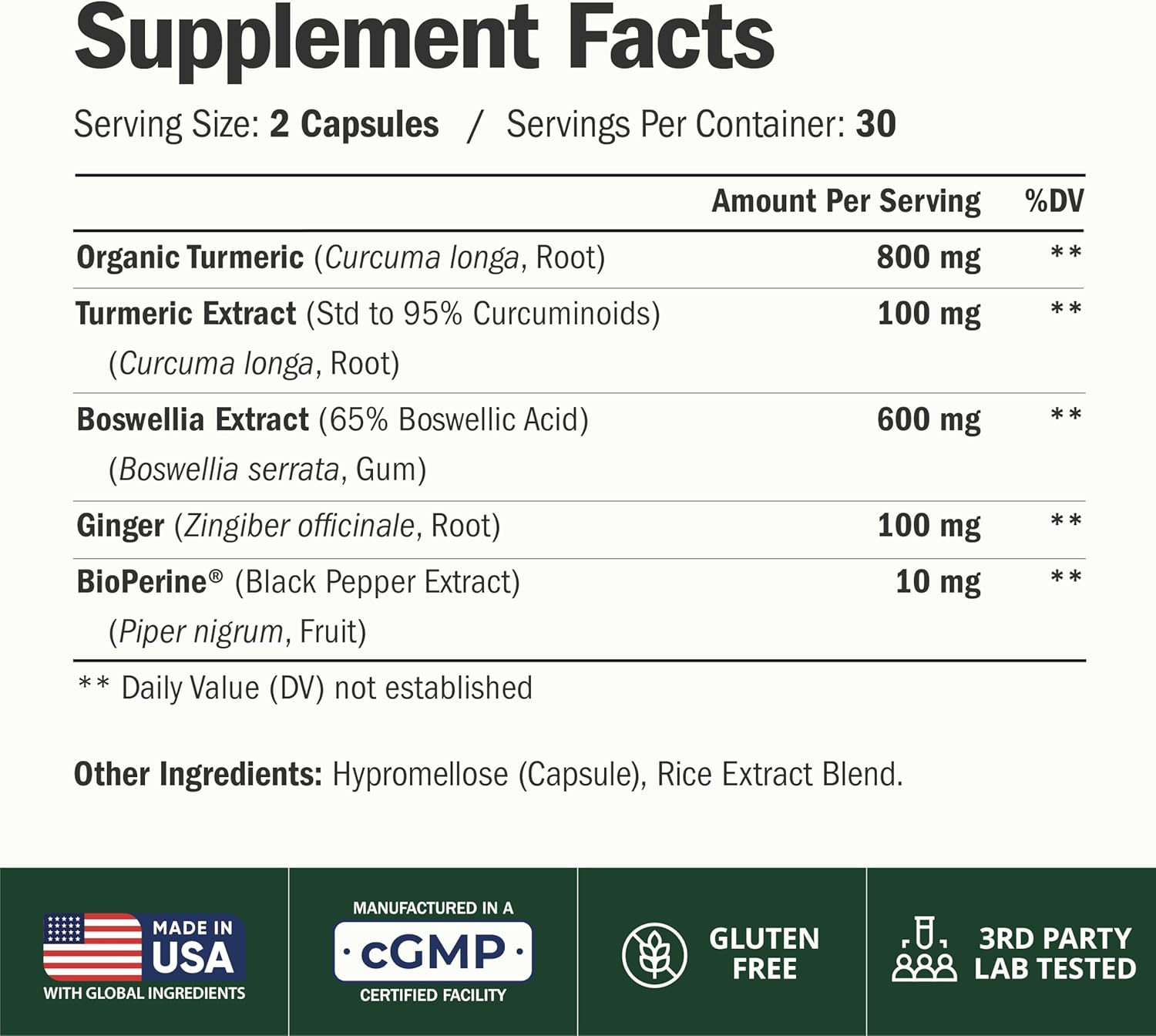 Boswellia Serrata Turmeric Curcumin Supplement: Organic Tumeric, Boswellia Extract, Ginger & BioPerine for Max Absorption – Inflammation & Joint Supplements for Men & Women – Non-GMO – 60 Capsules - Image 3