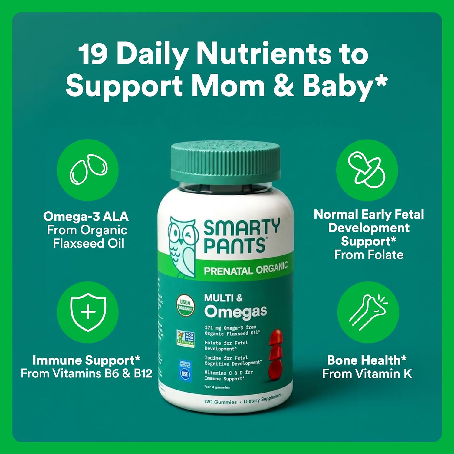 SmartyPants Organic Prenatal Vitamins for Women, Multivitamin Gummies: Biotin, Methylfolate, Omega 3 (ALA), Vitamin D3, C, Vitamin B12, B6, A, K2 & Zinc, Choline, Vegetarian, 120 Count (30 Day Supply) - Image 2