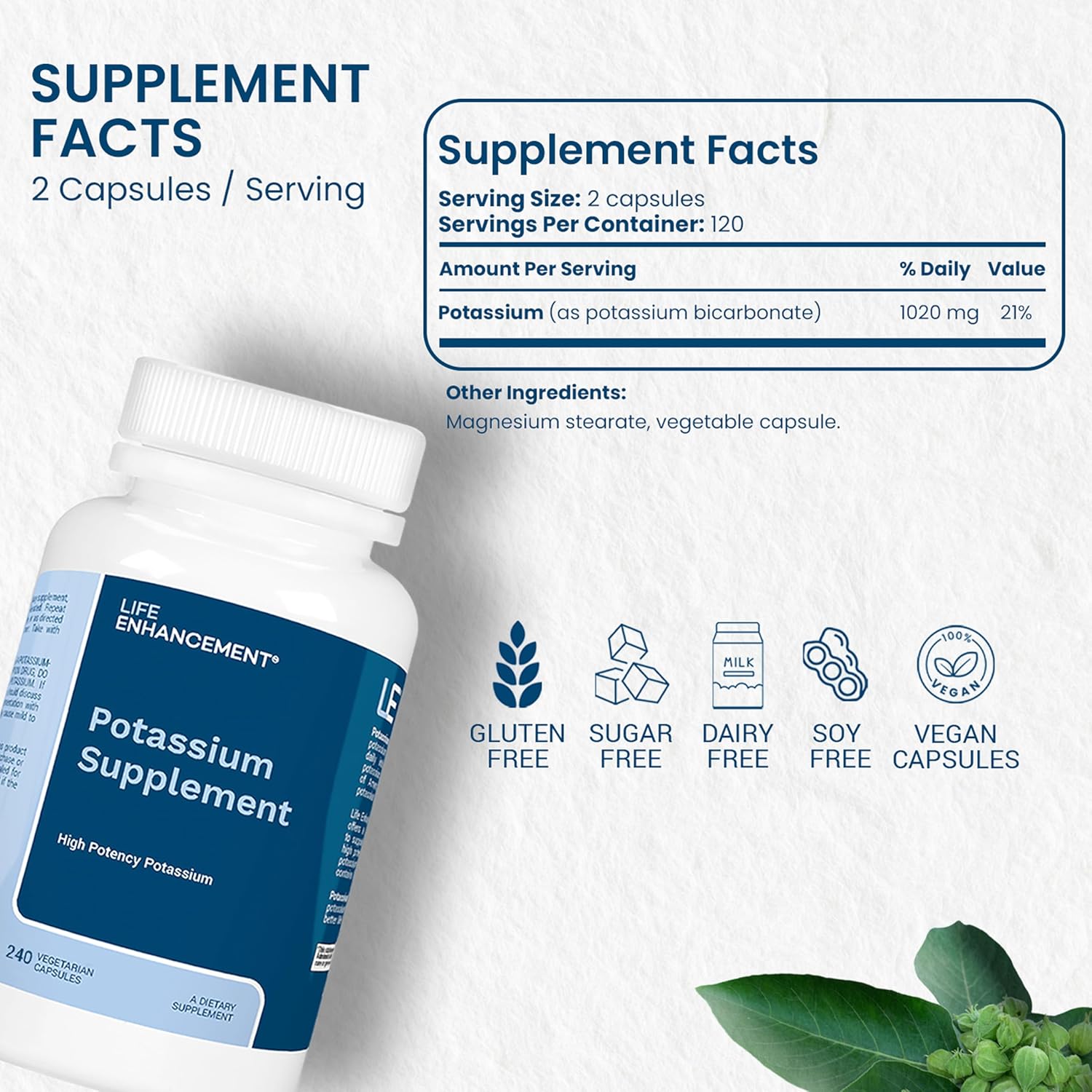Life Enhancement High Potency 1020 mg Potassium Supplement for Muscle, Brain & Bone Health - No Additives High Absorption Elemental Potassium Supplement, Made in USA (240 Capsules – 120 Servings) - Image 2