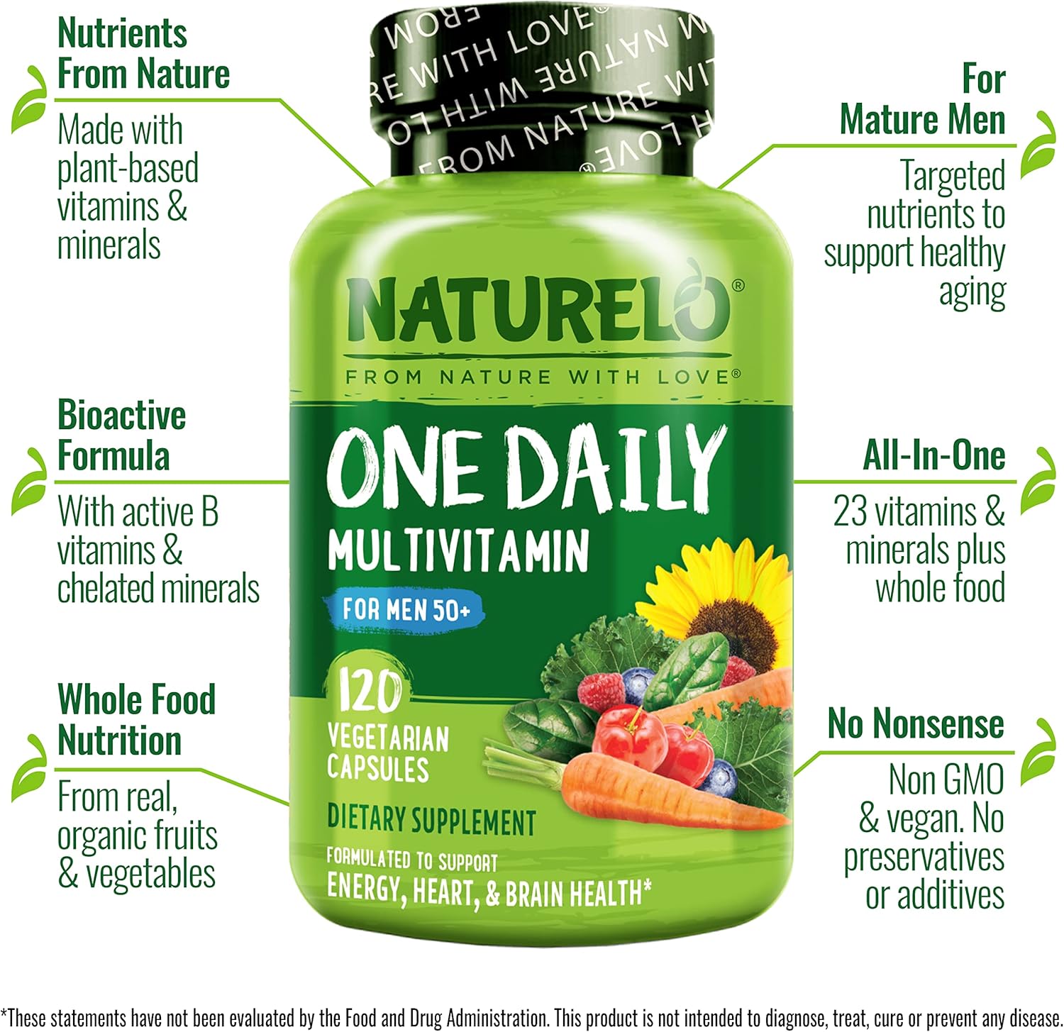 NATURELO Mens Multivitamins for Men 50+ - One Daily Multivitamin for Men with Vitamins, Minerals & Organic Whole Foods, Boost Energy & Health, Non-GMO, 120 Vegetarian Capsules - Image 4