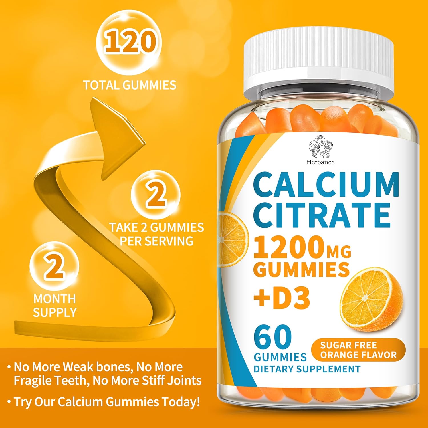 (2 Pack) Calcium Citrate 1200 mg Gummies with Vitamin D3, High Absorption Calcium Supplements for Women & Men, Sugar Free, Non-GMO, Gluten Free, Supports Muscle & Immune - Orange Flavor - Image 5