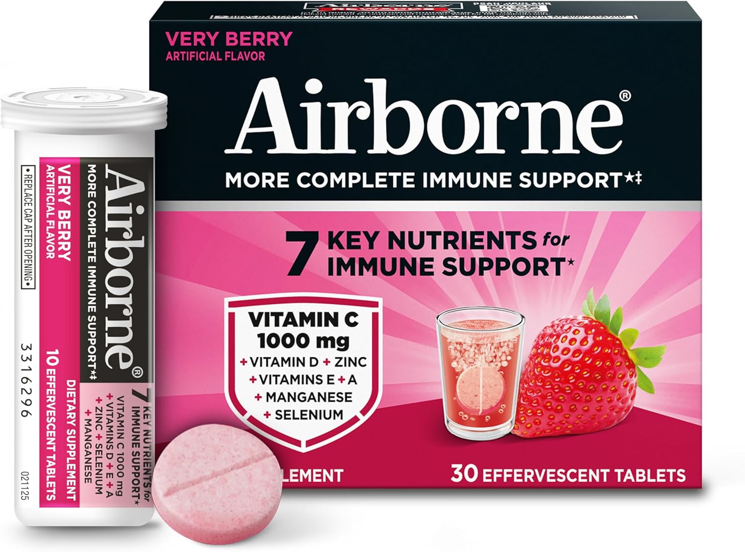 Airborne Immune Support Effervescent Tablets, Very Berry Flavor - 30ct with 1000mg Vitamin C + Vitamins A, D, E, Zinc, Selenium, Manganese & Herbal Blend - Sugar‑Free, Gluten‑Free