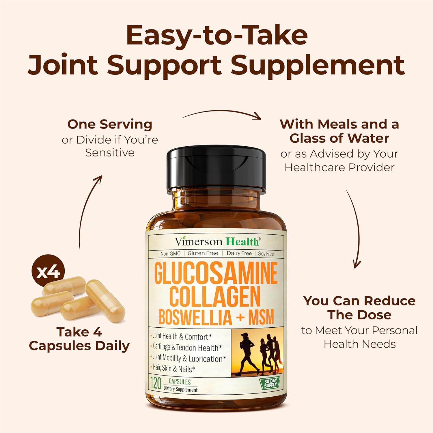 Glucosamine Chondroitin with 1200mg Hydrolyzed Collagen Peptides, Boswellia Extract, Quercetin, Bromelain, MSM – Hair Skin Nails and Joint Supplement for Women & Men – FSA Eligible 120 Capsules - Image 4