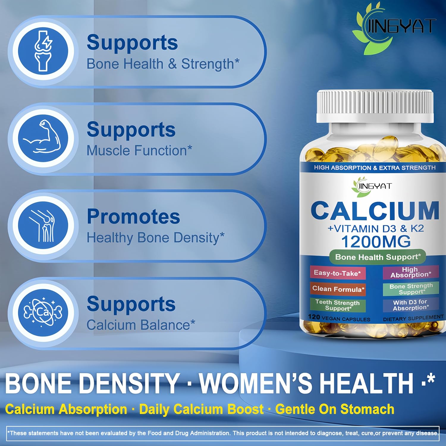 Calcium Supplements for Women - Calcium 1200 mg with Vitamin D3 & K2 - High Absorption Extra Strength Calcium Citrate for Bone Health, Strength, Density, Muscle, Heart Support - Slow Release, Non-GMO - Image 2