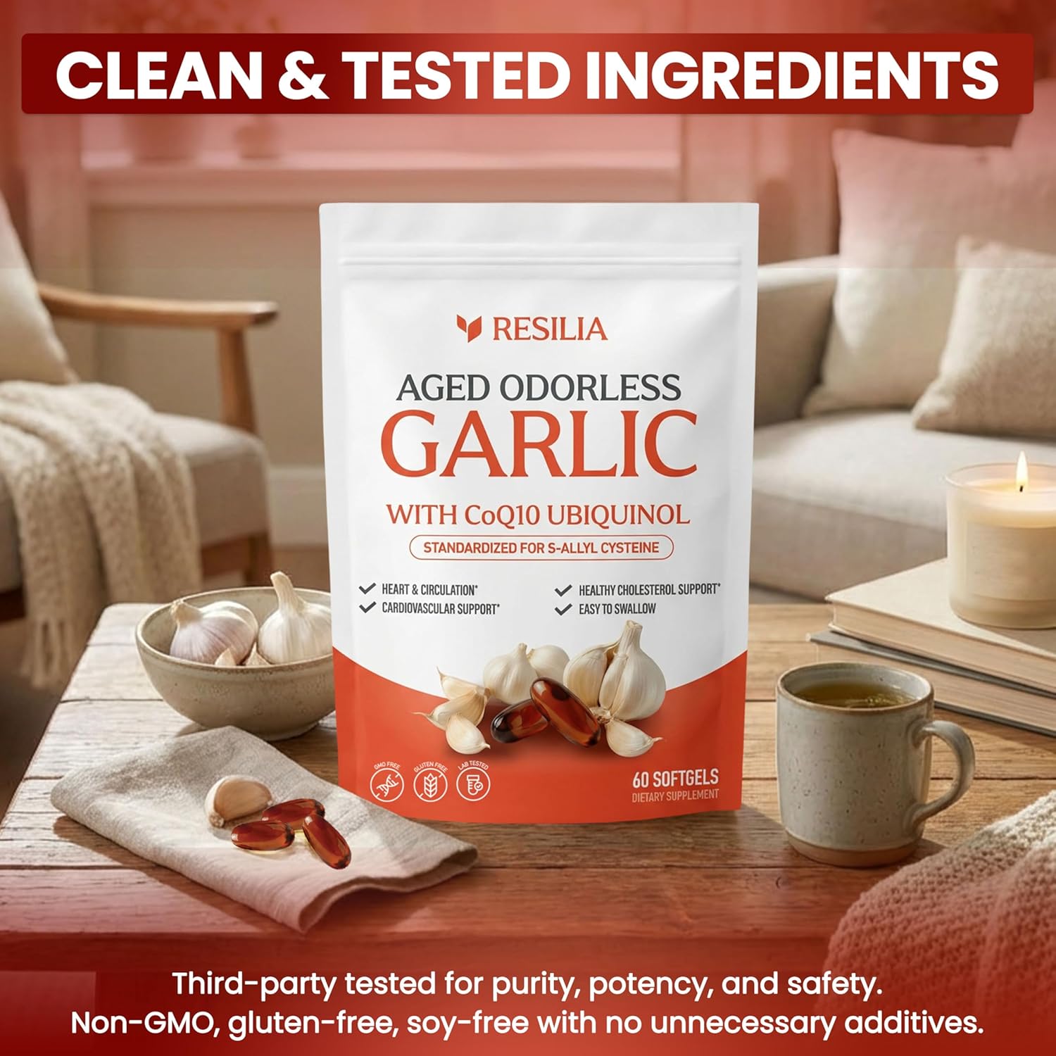 Resilia Garlic Extract 600mg Softgels (60 Count) – Odorless Aged Garlic Extract Supplement with CoQ10 Ubiquinol – 20-Month Matured, Standardized for S-Allyl Cysteine - Heart Health & Immune Support - Image 8