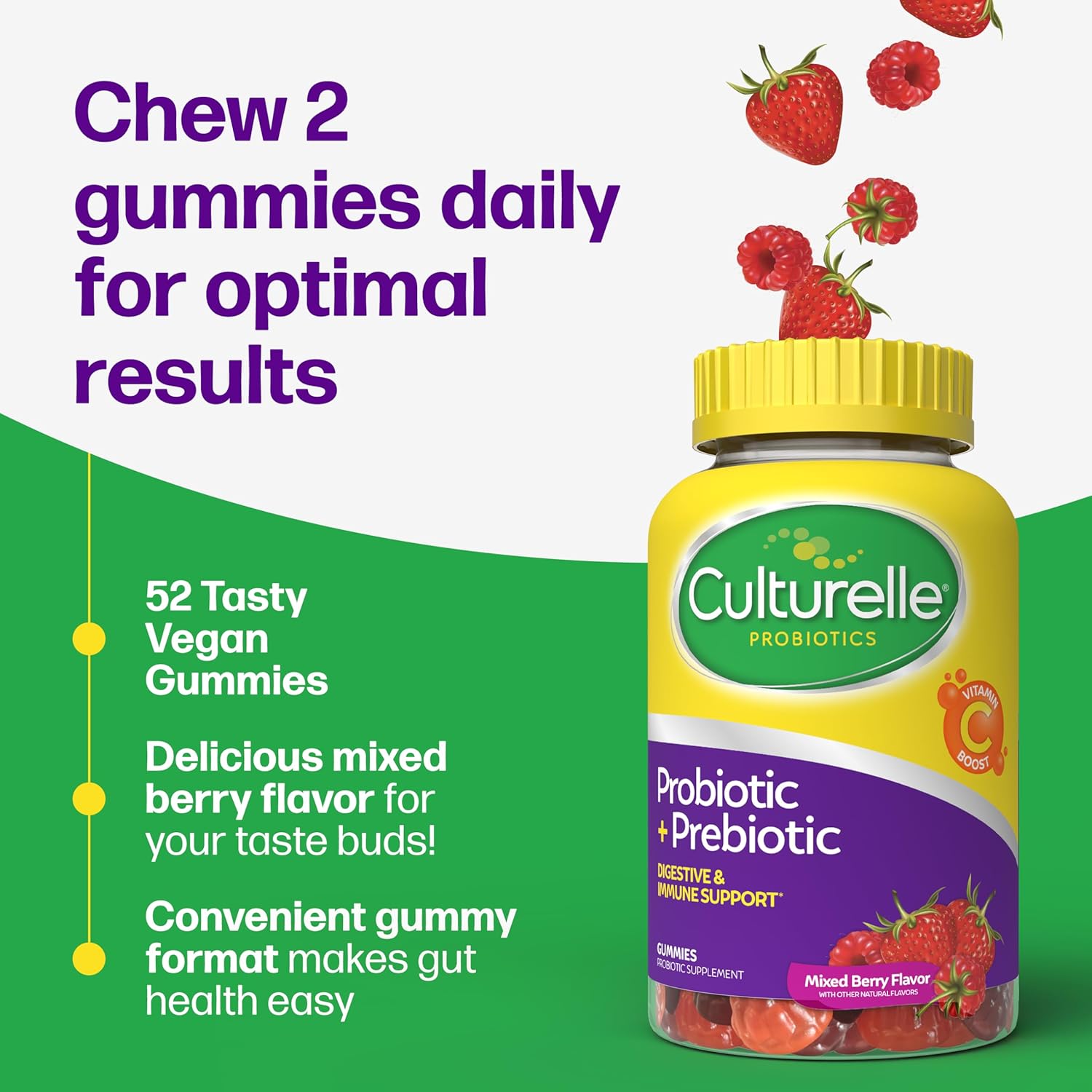 Culturelle Daily Probiotic Gummies for Women & Men, Berry Flavor, 52 Count, Naturally-Sourced Daily Probiotic + Prebiotic for Digestive Health, Non-GMO & Vegan - Image 6