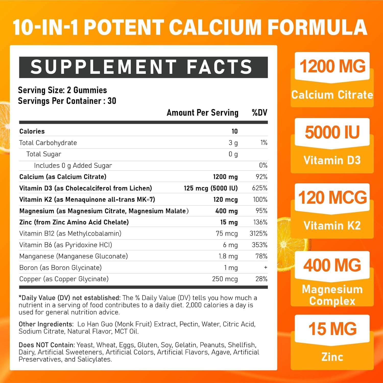 Calcium 1200 mg with Vitamin D3 Supplement for Adults - Calcium Gummies with 5000iu Vitamin D3, K2, B6, B12, Magnesium & Zinc - Calcium Supplement for Women Men - Easy to Digest, Vegan (2 pack) - Image 2