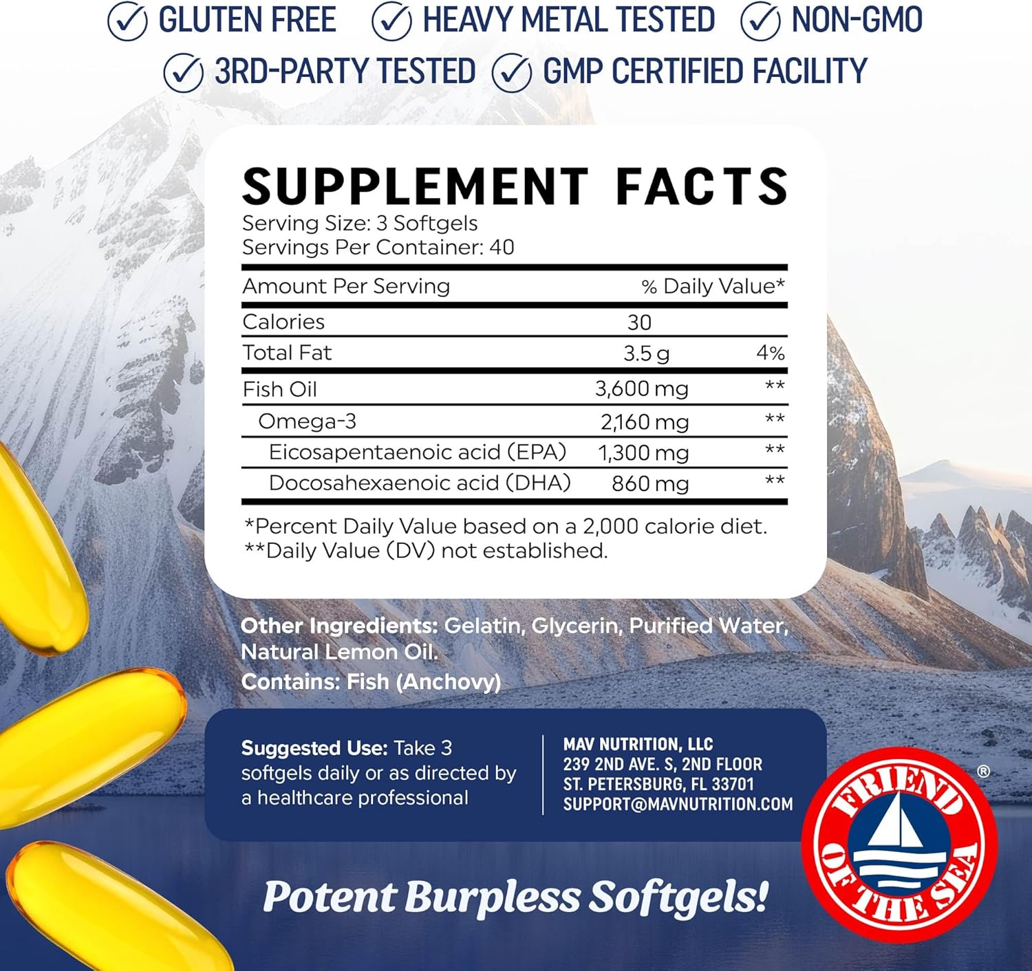 Triple Strength Omega 3 Fish Oil 3600 mg | EPA & DHA | Over 2100mg Omega-3 Fatty Acids | 1300mg EPA + 860mg DHA | Best Essential Fatty Acids | Premium Wild Caught & Burpless Fish Oil | 120 Ct - Image 6