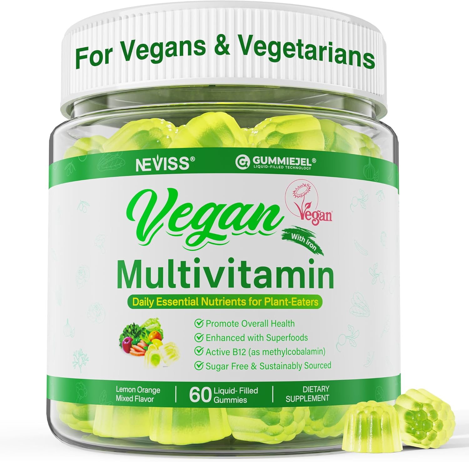 NEVISS Vegan Multivitamin for Women & Men w/Methyl B12, D3 K2, Plant Based Omega 3 (DHA+EPA), Iron, Choline, Zinc, Whole Food Daily Vitamins Gummies for Vegans & Vegetarians, Sugar Free, 60Cts