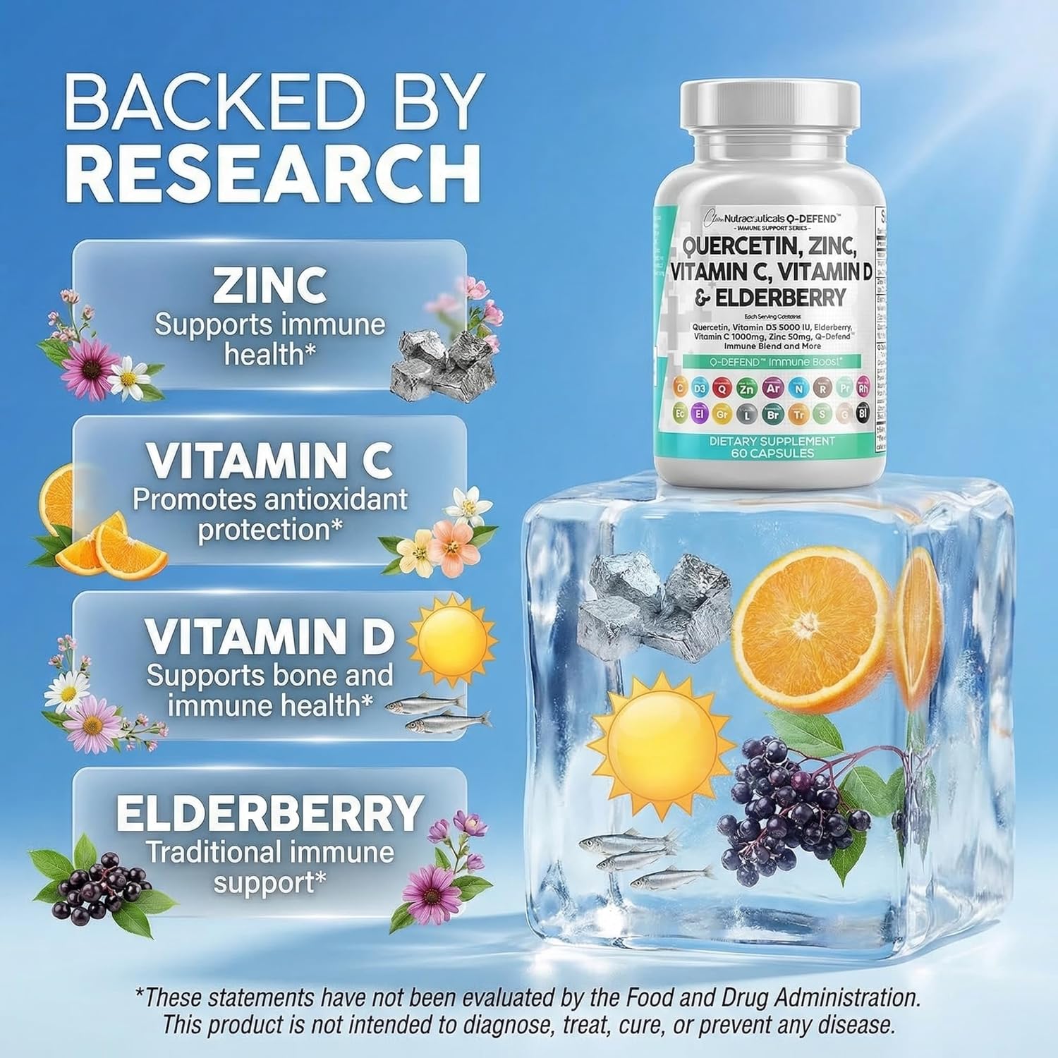 Q Defend Quercetin Supplement with Zinc Vitamin C Vitamin D Elderberry Turmeric Black Pepper Garlic Ginger Sea Moss Lysine Stinging Nettle Reishi Mushroom Immune Support 60 Capsules by Clean Nutra - Image 3