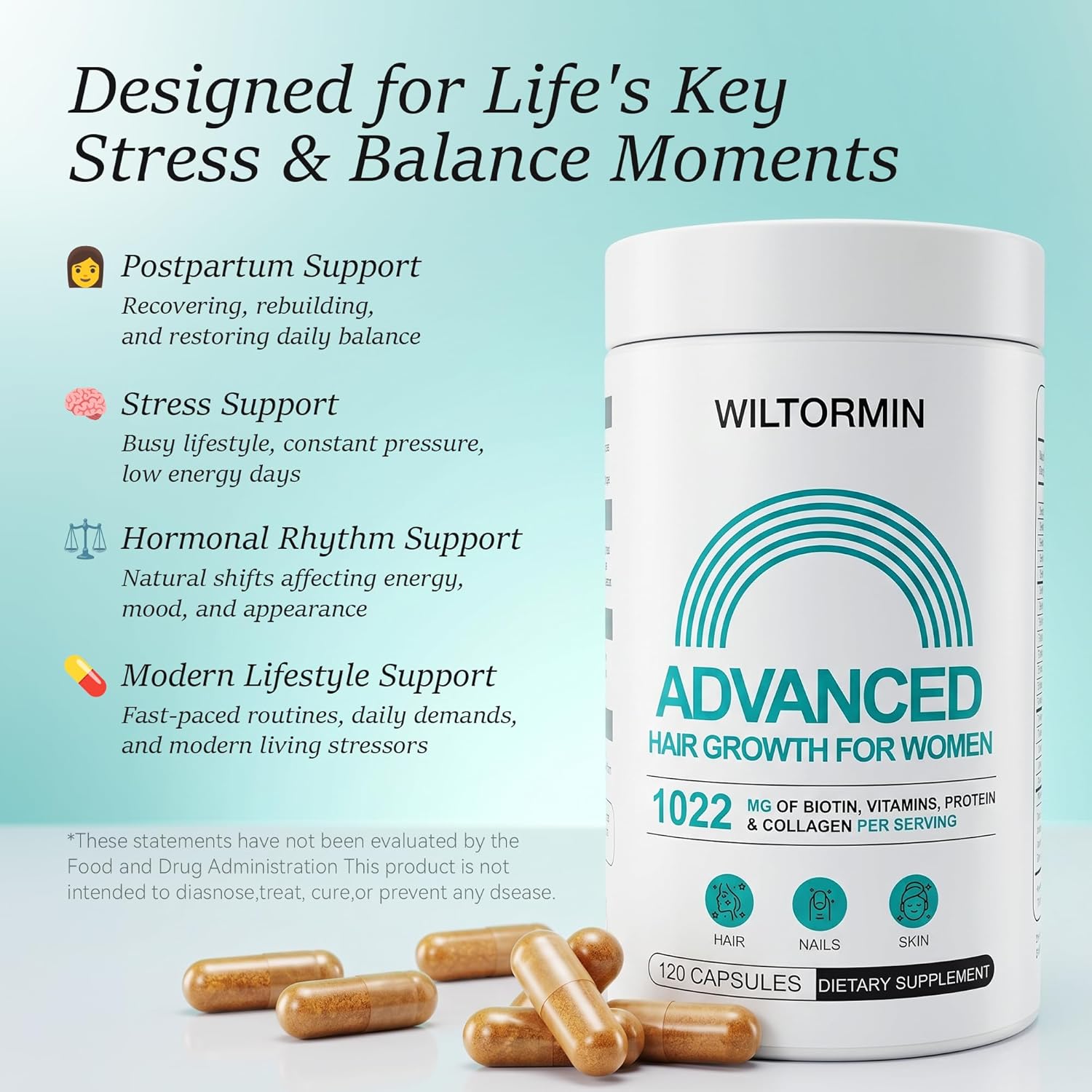 Hair Growth Supplements for Women, Ages 30 and Up - Clinically Tested for Visibly Thicker Hair with Biotin 10,000mcg, Vitamins, Keratin, Collagen, Saw Palmetto, Supports Scalp, Skin & Nails, 120 ct - Image 5