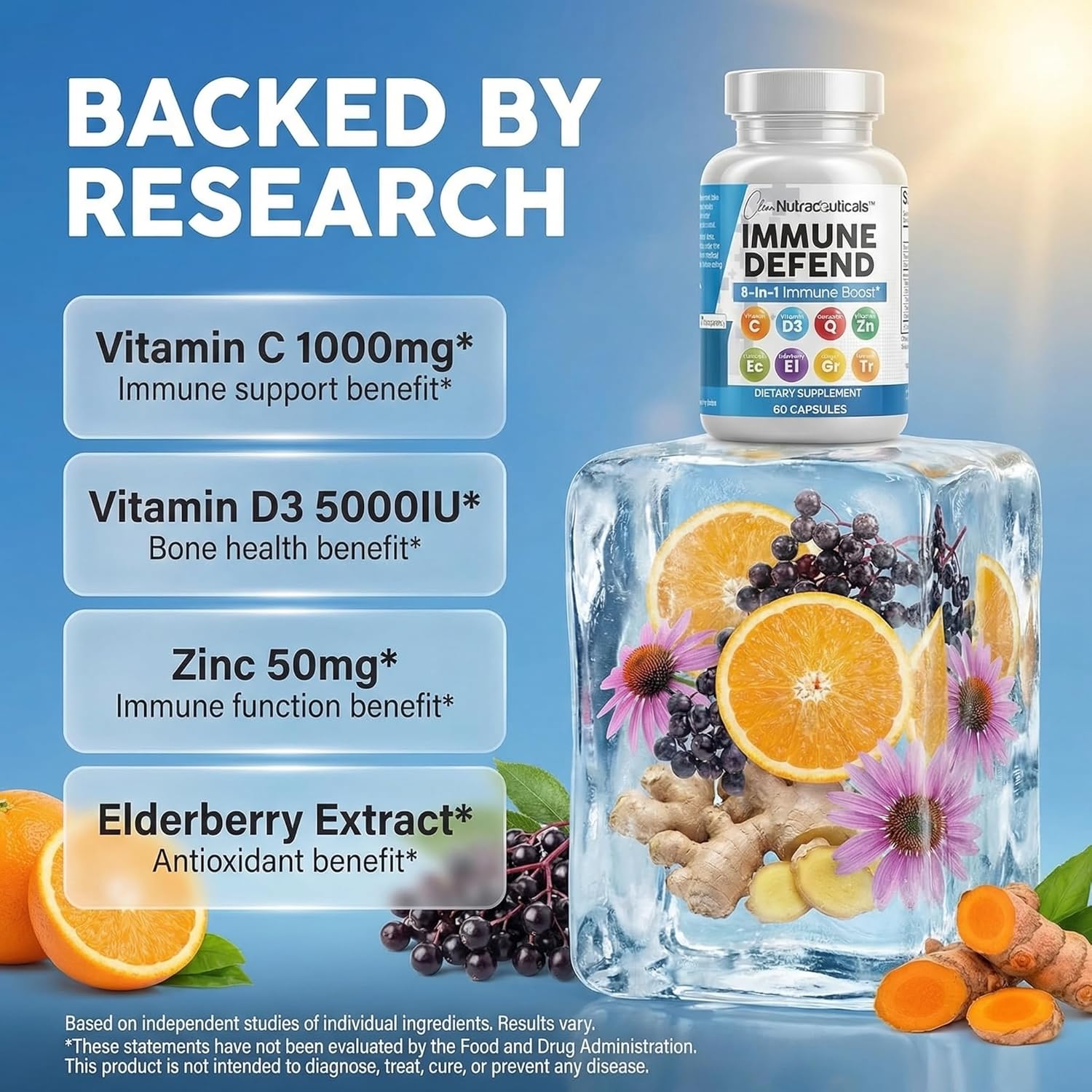 Clean Nutraceuticals Immune Defense Support Supplement 8 in 1 with Zinc 50mg Quercetin, VIT C 1000mg, Vitamin D3 5000 IU, Elderberry, Ginger - Immunity System Booster for Adults, Vegan - 60 Count - Image 3