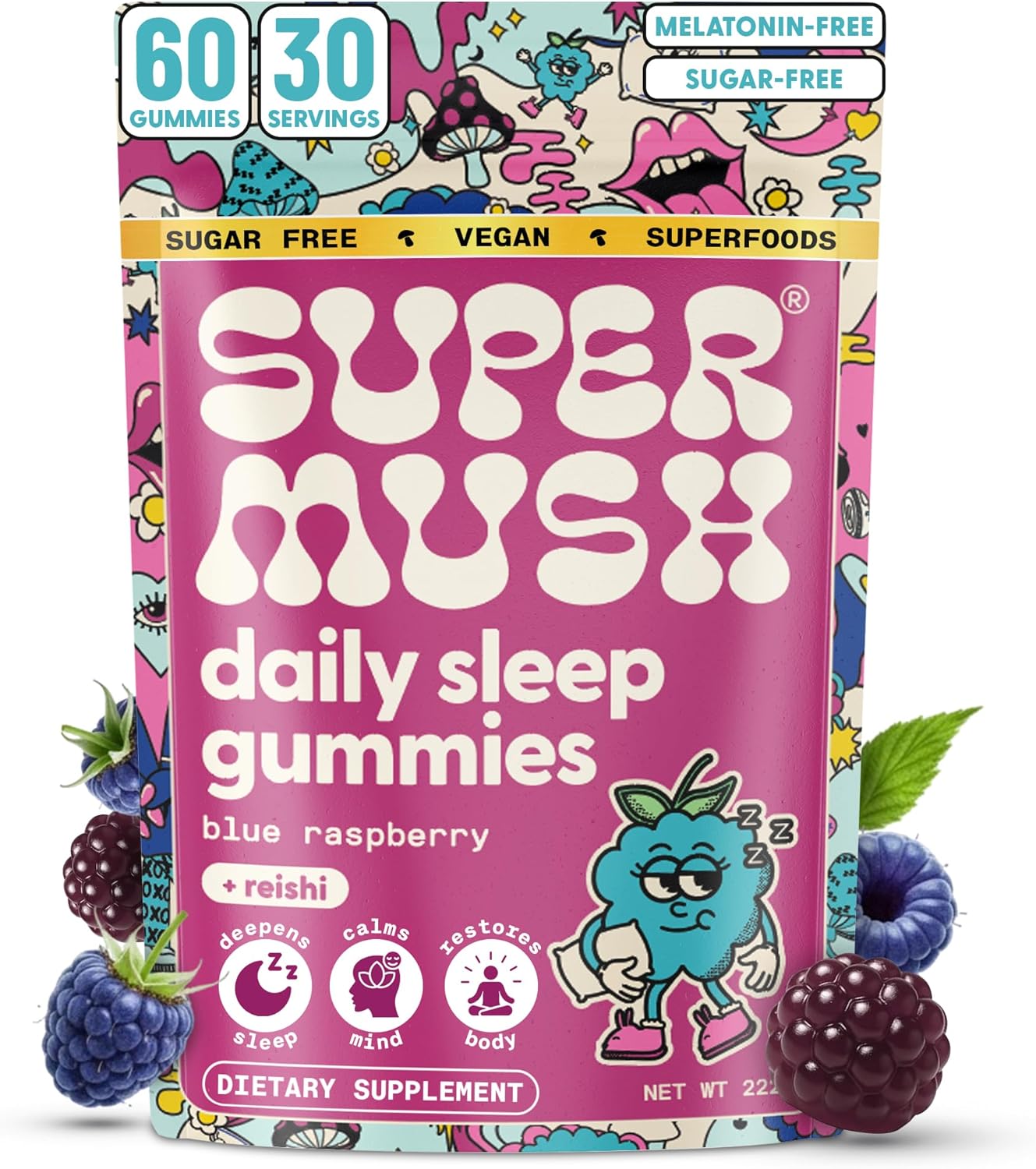 SuperMush Daily Sleep Gummies for Adults - Functional Mushroom Gummies with Magnesium, L-Theanine, Chaga, Reishi, Chamomile - Melatonin Free Sleep Aid for Deep Sleep - Vegan & Sugar-Free (60 Count)