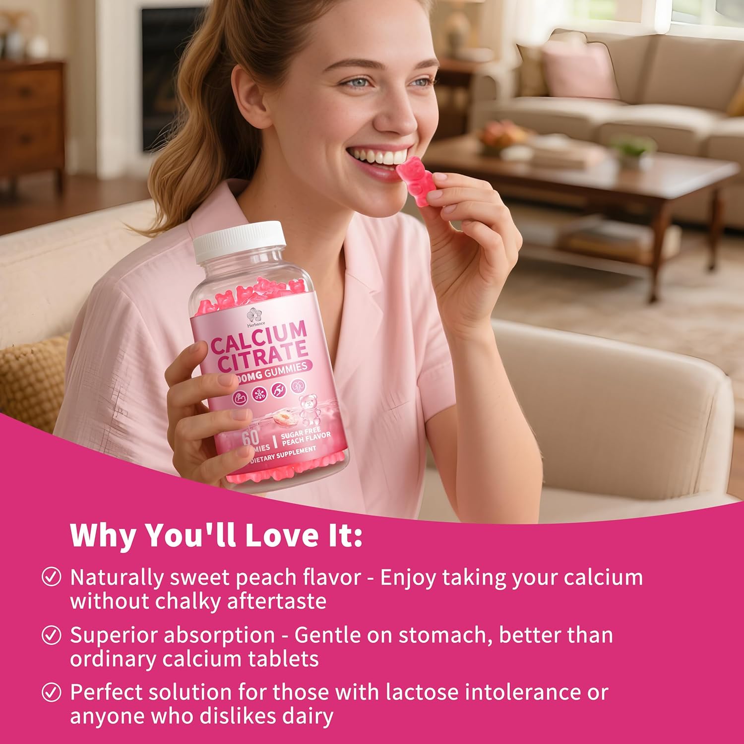 Pure Calcium Citrate 1200 mg Gummies for Adults, High Absorption Calcium Supplements for Women & Men, Sugar Free, Non-GMO, Gluten Free, Supports Bone,Teeth,Muscle & Immune - Peach Flavor - Image 3