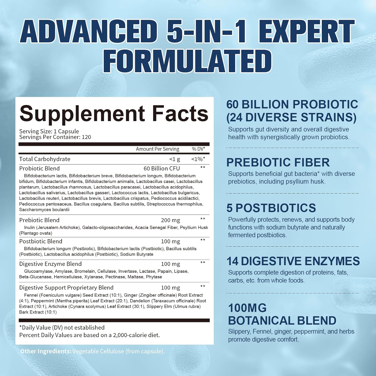 Totaria 5-in-1 Probiotic Prebiotic & Postbiotic for Women Men, 60 Billion CFU 24 Strains w/Digestive Enzymes, Prebiotic Fiber, Slippery Elm, Daily Complete Immune, Gut Health, 120 Day Supply - Image 4