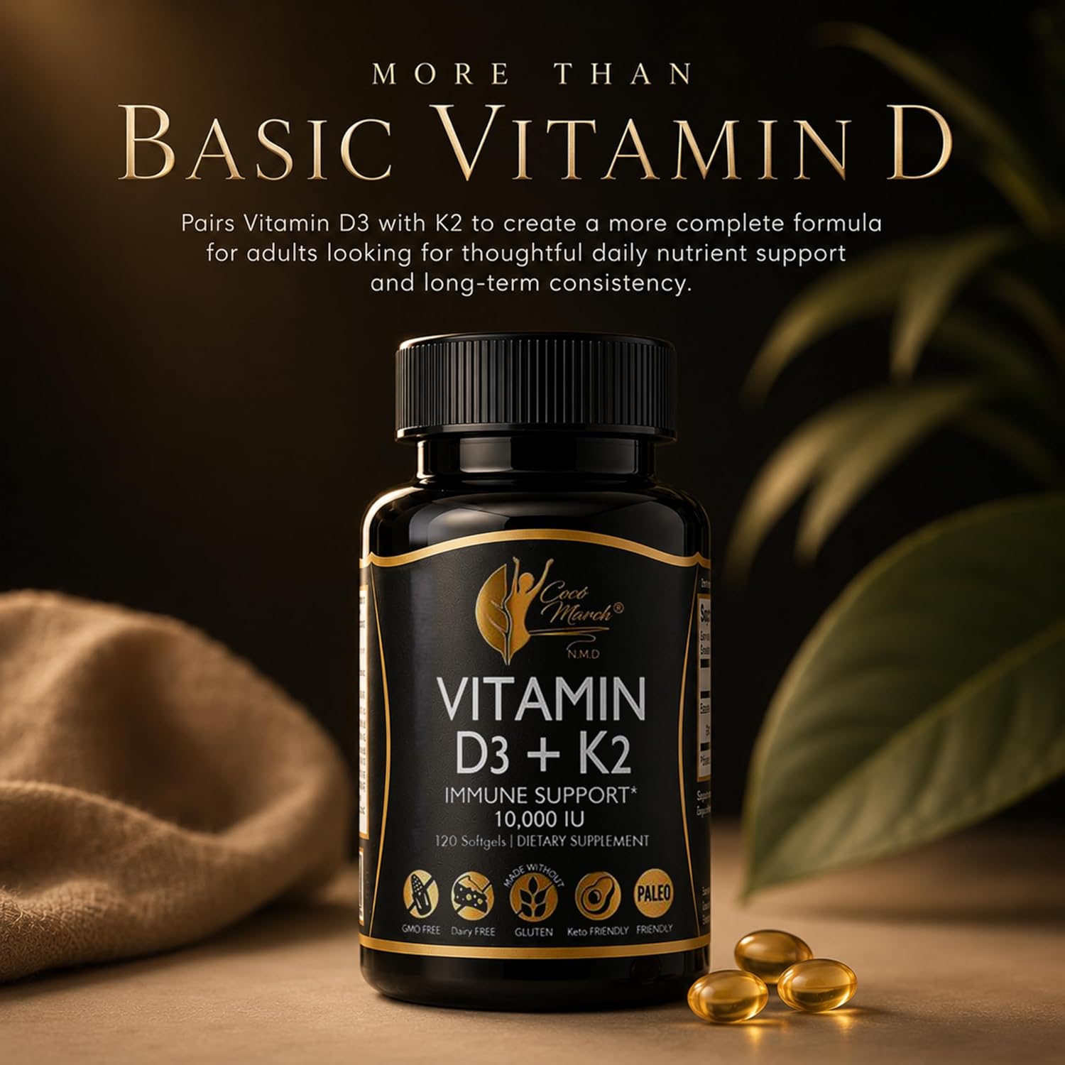 Cocó March N.M.D Vitamin D3+K2 10,000 IU - High Potency Supplement for Women & Men, Immune Support, Bone & Joint Health - Gluten-Free, Non-GMO, 4 Month Supply, 250 mcg D3, 180 mcg of Vitamin K2 - Image 9