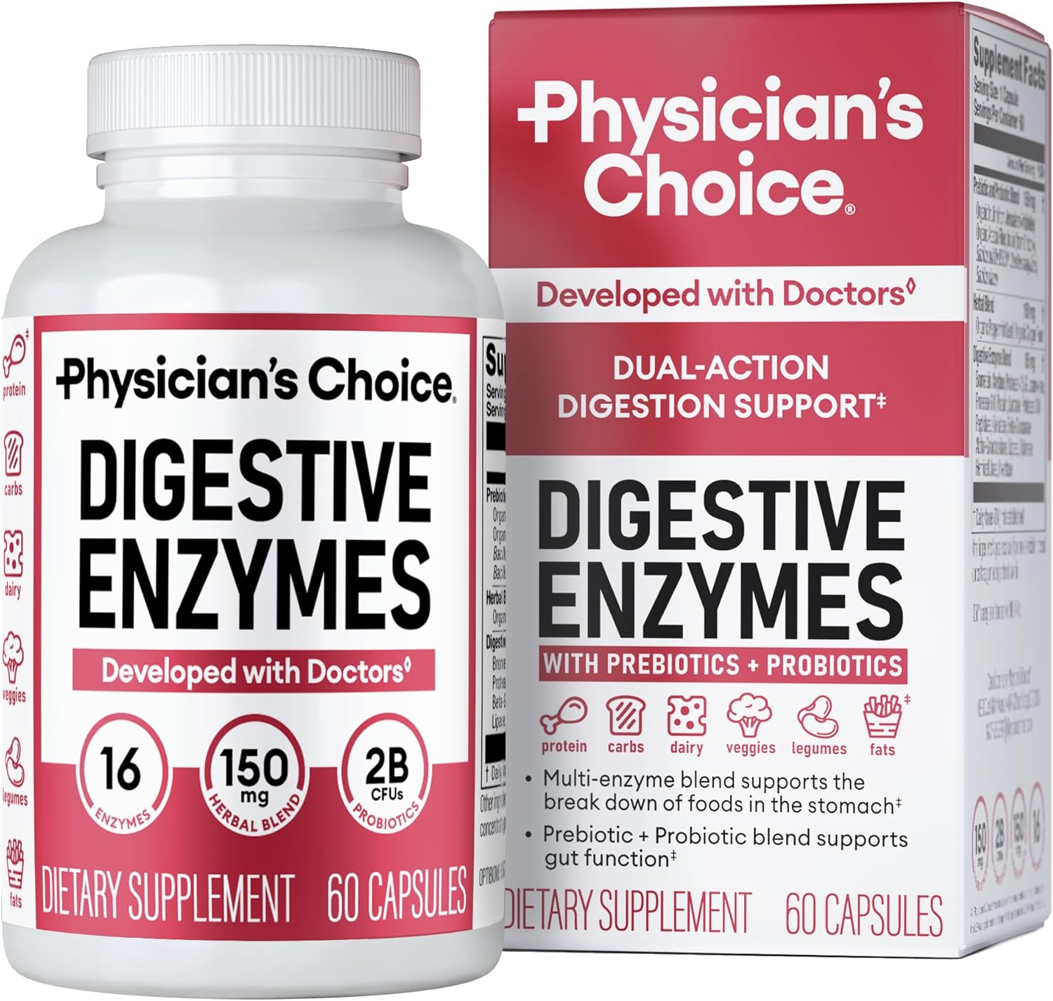 Physician's CHOICE Digestive Enzymes for Bloating & Digestion - Fast-Acting 16 Enzyme Formula with Organic Prebiotics & Probiotics for Gut & Digestive Health - Meal Time Discomfort Relief - 60 CT