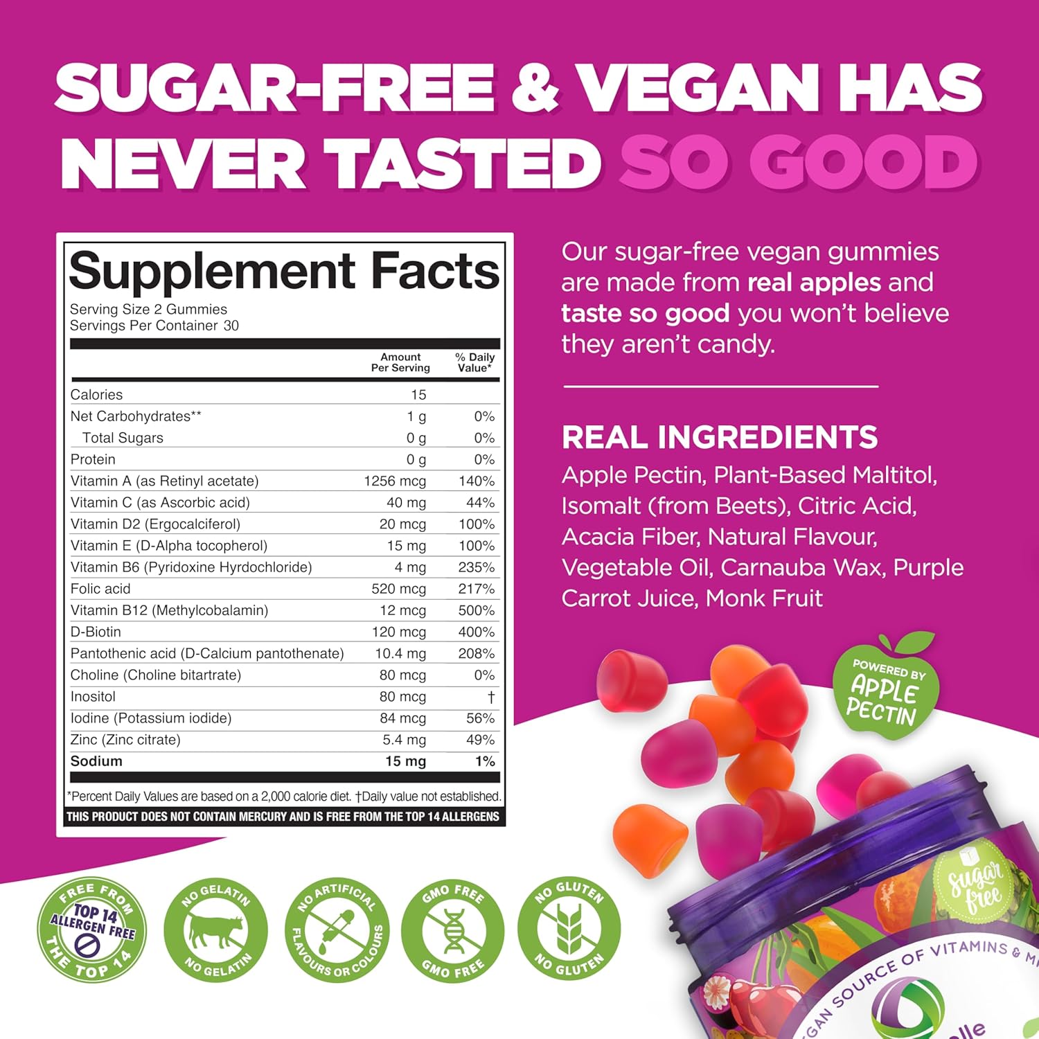 NUTRAMIN Daily Vegan Keto Multivitamin Gummies Non-GMO Natural Vitamin C D + Zinc for Immunity, Plant-Based, Sugar-Free, Nut-Free, Gluten-Free, Biotin, Vitamin A, B, B6, B12 60 Ct, 30 Days (60 Count) - Image 2