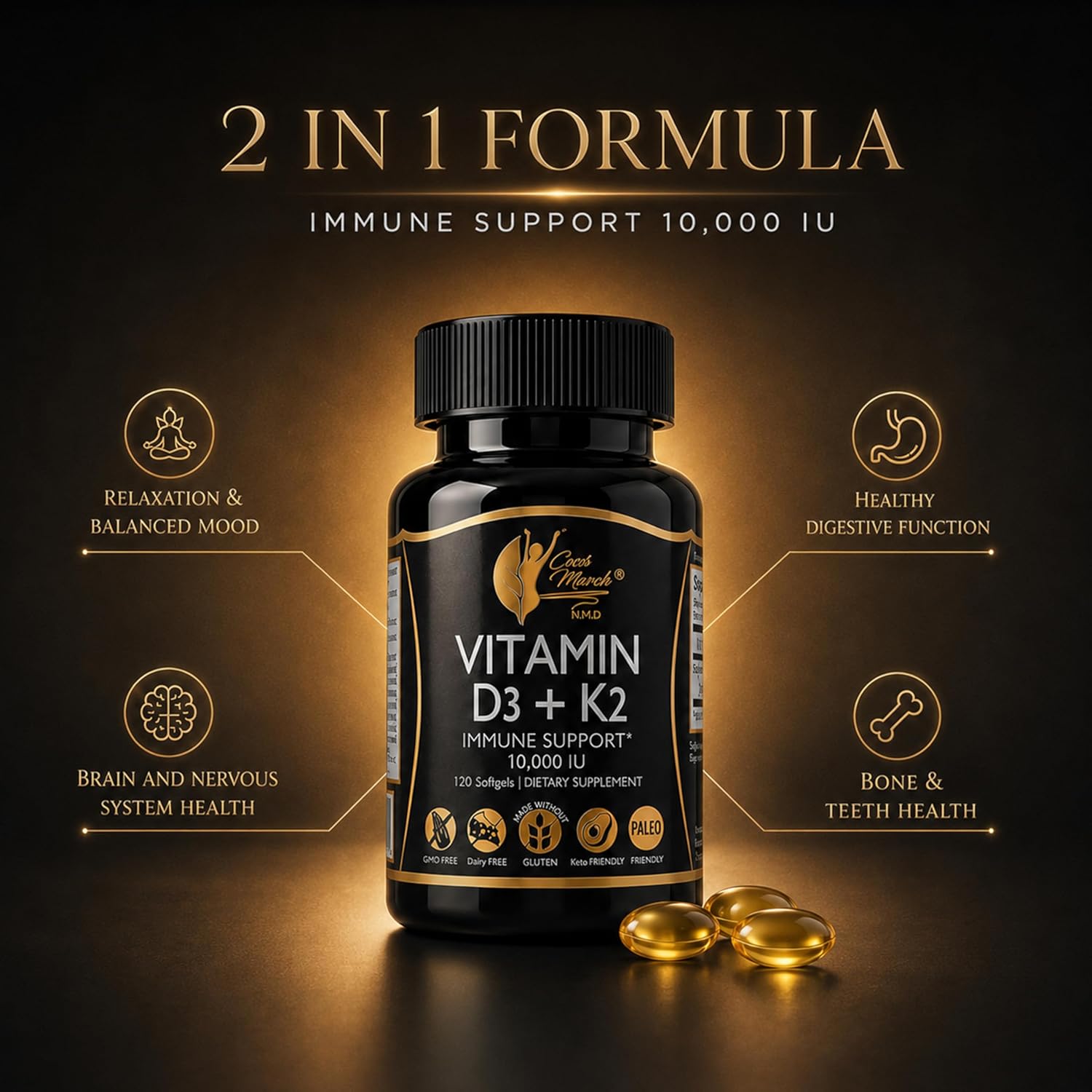 Cocó March N.M.D Vitamin D3+K2 10,000 IU - High Potency Supplement for Women & Men, Immune Support, Bone & Joint Health - Gluten-Free, Non-GMO, 4 Month Supply, 250 mcg D3, 180 mcg of Vitamin K2 - Image 11