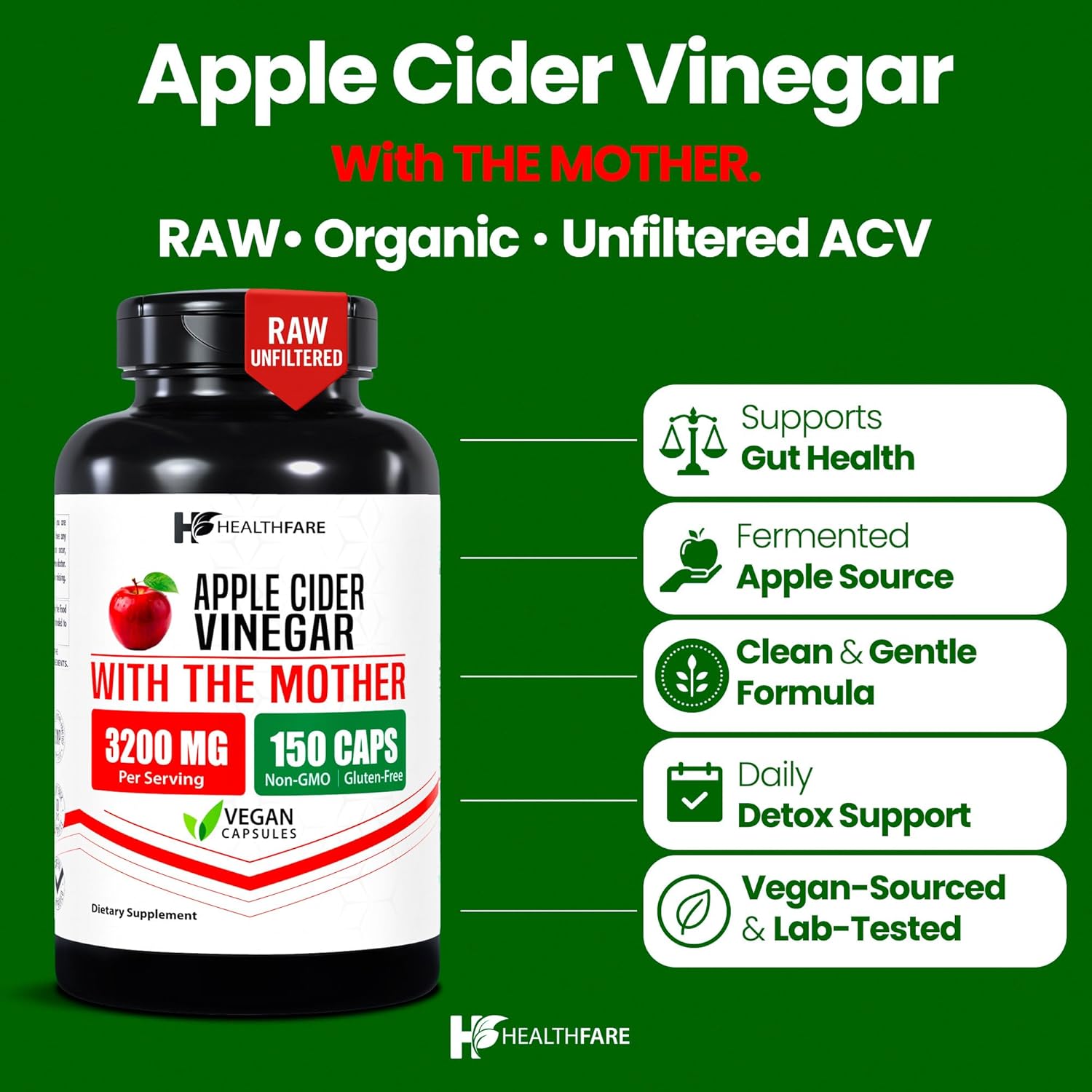 HealthFare Apple Cider Vinegar Capsules with the Mother | 3200mg Raw, Organic & Unfiltered ACV | 150 Vegan Pills | Maximum Strength Supplement for Detox & Digestion | Non-GMO, Gluten-Free, Made in USA - Image 2