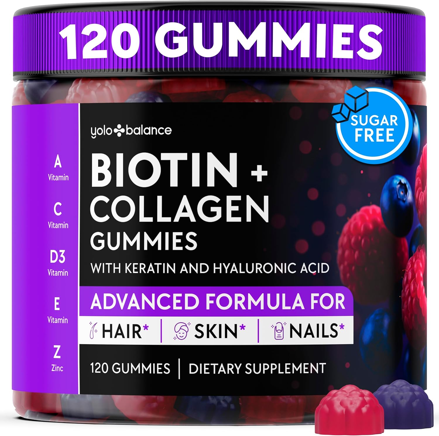 Biotin Gummies 10000mcg for Hair Growth Support - Sugar Free Multi Collagen with Keratin, Silica & Hyaluronic Acid - Pectin Based, Soft Chew Hair Skin and Nails Vitamins - 120 Count